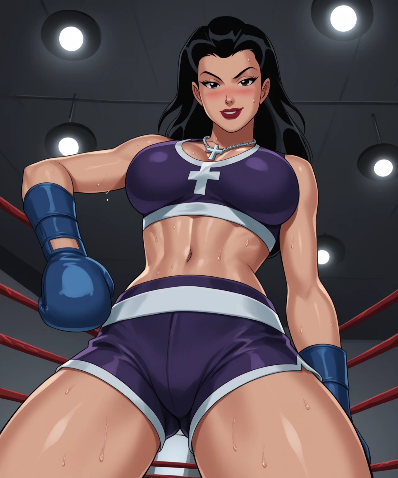 high quality, angry woman, Dark wavy hair, tanned skin, arrogant smile, in a tight villainess boxing suit, in a villainess masquerade mask, in dark purple boxing gloves, standing alone in a dark boxing ring in an empty gym, holds hands in boxing gloves at head level in defense