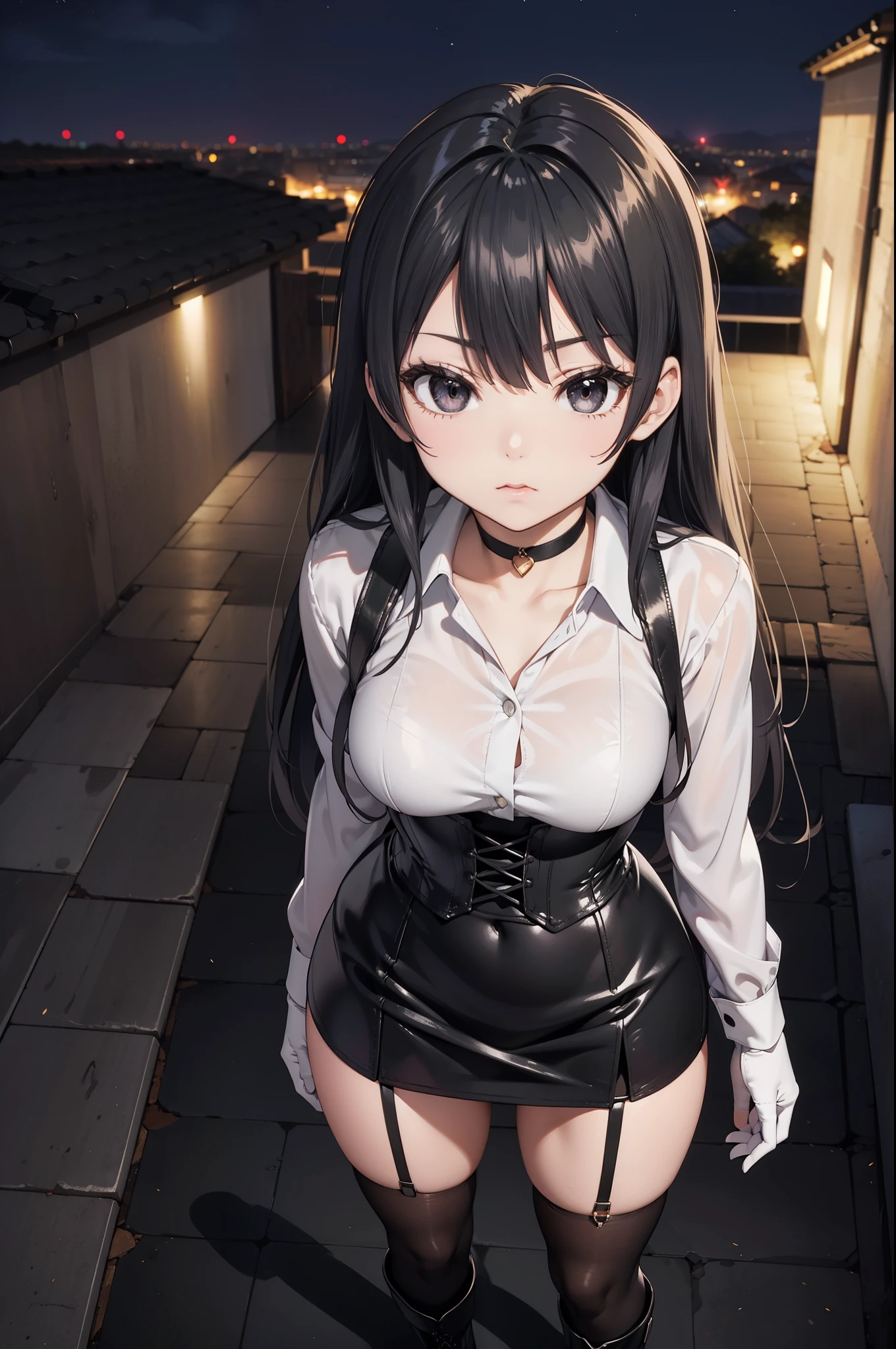 Masterpiece, anime style, A young girl, of foot, (view from above), ((( arms crossed ))), pretty face, surprised look, ((redness on the cheeks)), long black hair, detailed eyes, black eyes, choker : 1.6, (( long sleeve white shirt )), ( black gloves ), (black leather corset), ((black miniskirt)), brown stockings, black leather boots ), self-critical , roof, (( at night))