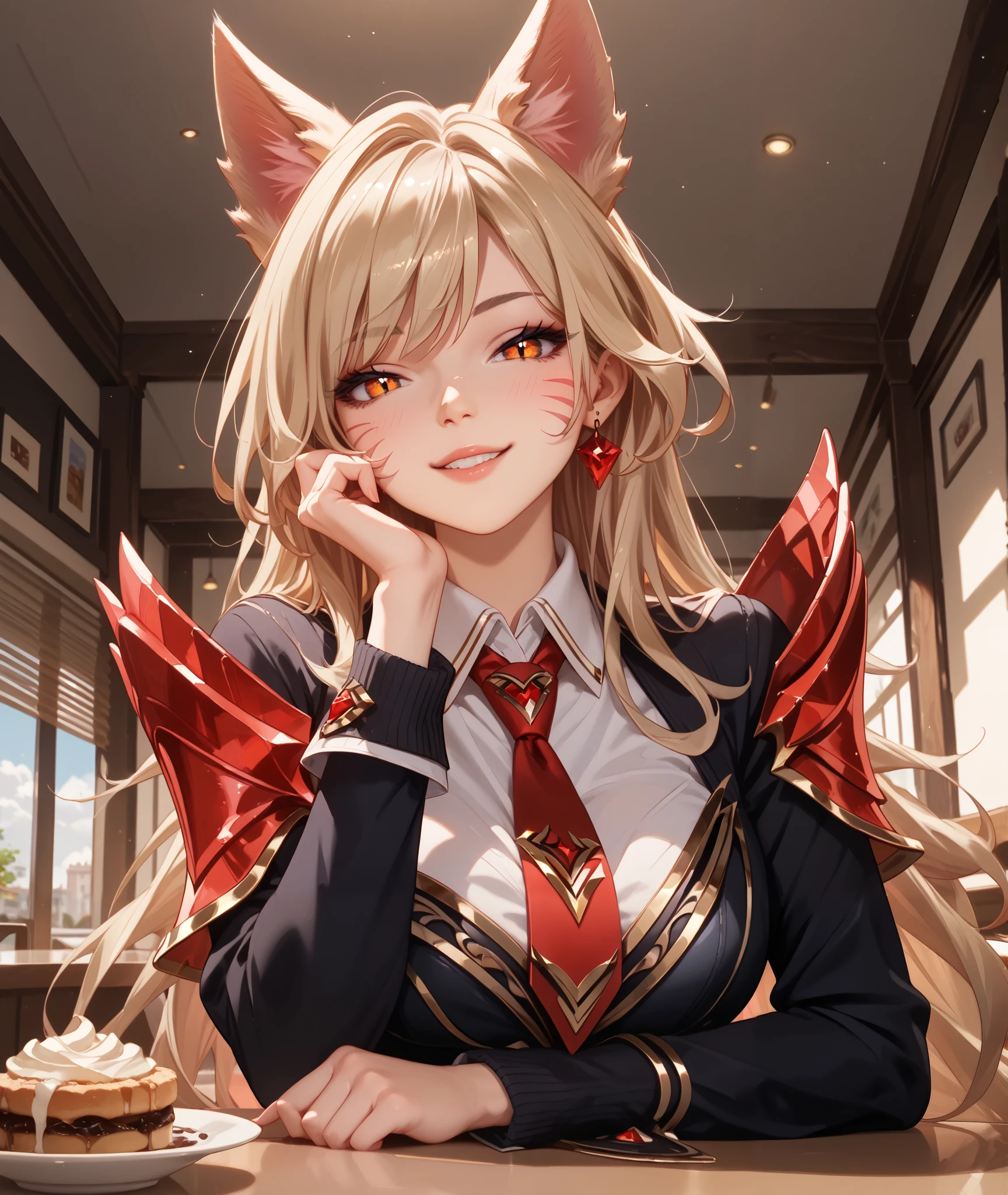 Score_9, Score_8_up, Score_7_up, Score_6_up, Score_5_up, Score_4_up, Tag1, Tag2, Quality_masterpiece, Absurd res, Anatomically correct, Beautiful face, Perfect face, Highly detailed beautiful face and eyes, Attractive face, Detailed face, Delicate facial features,high detail face, Detailed skin, hyper realistic ,high definition detail, Amazing work , wallpaper, screencap, masterpiece, high resolution, best quality ,8k ( Immortalized Legend Ahri ) (Beige Hair) (black clothes) (red shoulder pads) lewd smile, look at you, look of disinterest, café, rooftop, midnight, silent pose, blushing, ebarrasing alone, high purity eyes, concentrated , look of disinterest, sexual pose, casual clothes, thinking, kemonomimi mode,looking at the ceiling, look at you, mature, look of empowerment, necktie, having a coffee, drinking coffe, eyes opened,white collared shirt,