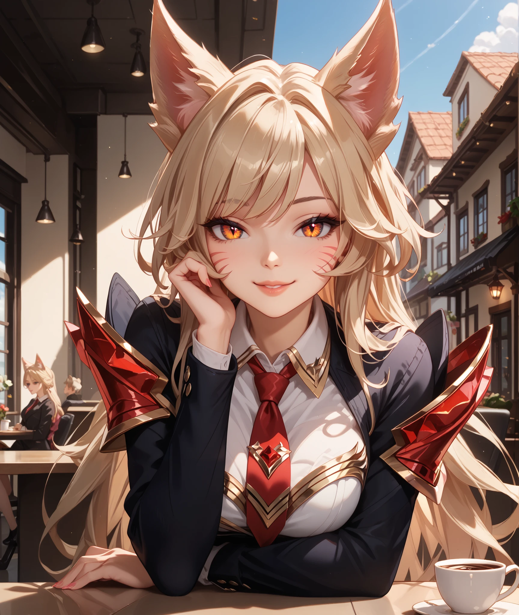 Score_9, Score_8_up, Score_7_up, Score_6_up, Score_5_up, Score_4_up, Tag1, Tag2, Quality_masterpiece, Absurd res, Anatomically correct, Beautiful face, Perfect face, Highly detailed beautiful face and eyes, Attractive face, Detailed face, Delicate facial features,high detail face, Detailed skin, hyper realistic ,high definition detail, Amazing work , wallpaper, screencap, masterpiece, high resolution, best quality ,8k ( Immortalized Legend Ahri ) (Beige Hair) (black clothes) (red shoulder pads) lewd smile, look at you, look of disinterest, café, rooftop, midnight, silent pose, blushing, ebarrasing alone, high purity eyes, concentrated , look of disinterest, sexual pose, casual clothes, thinking, kemonomimi mode,looking at the ceiling, look at you, mature, look of empowerment, necktie, having a coffee, drinking coffe, eyes opened,white collared shirt,