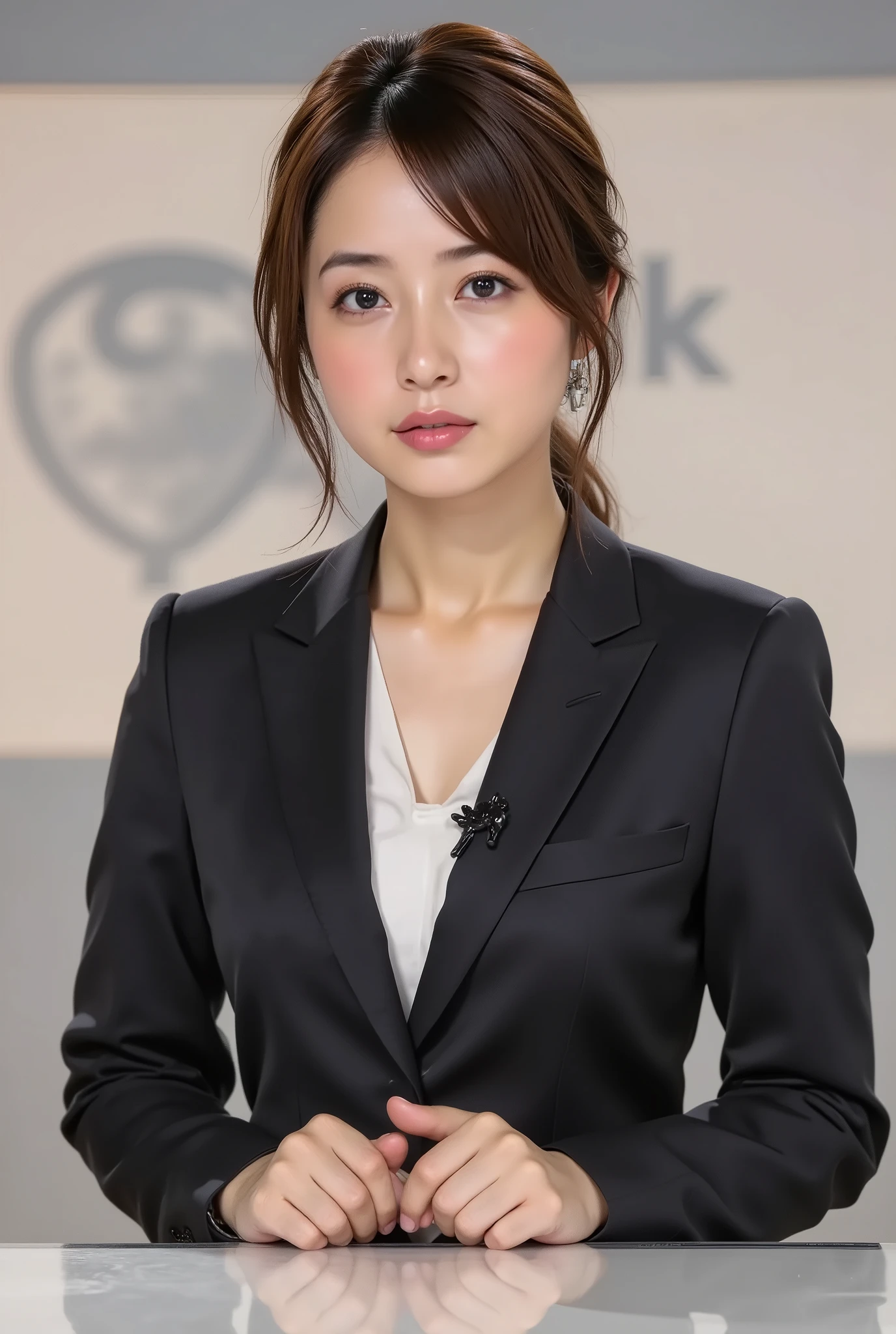 This is Japanese News Caster NHK News.., serious expression,
