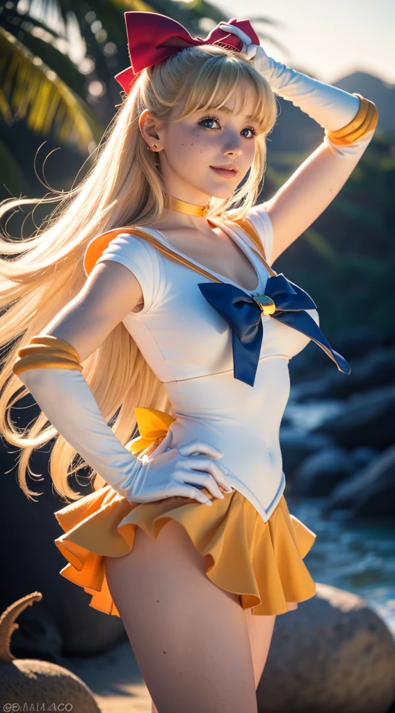Create a highly detailed image of a character inspired by Sailor Venus from the Sailor Moon series. She is standing in an elegant pose, wearing her traditional sailor scout uniform which includes a white bodice with a large orange bow at the chest, a orange collar with white stripes, and a orange skirt. Instead of her usual white socks, she is wearing sleek, black stockings that accentuate her legs. Her long, flowing blonde hair is styled with a red bow on top. She has blue eyes, a confident smile, and her signature red bow earrings. The background is a vibrant night sky filled with twinkling stars and a crescent moon, capturing the magical and celestial essence of the series. The overall style should be dynamic and vibrant, capturing the action-packed and magical nature of the character.