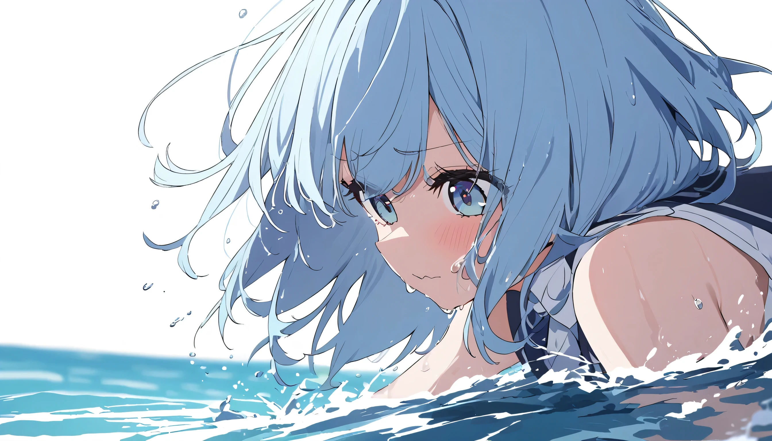 Anime girl with blue hair and blue eyes in the water - SeaArt AI