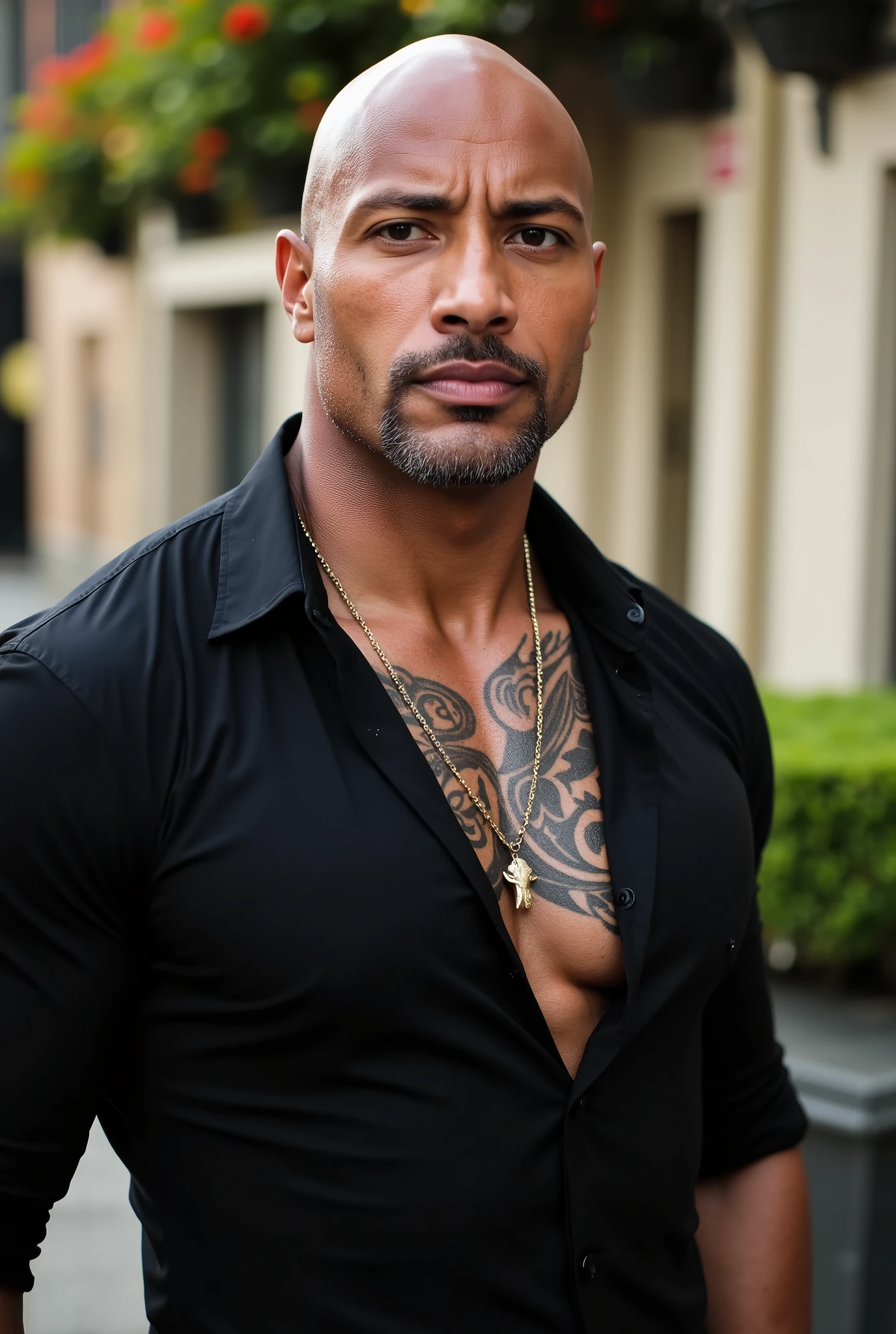 ((Mature man, bald man: 1.5, dark skin)), (((black dress shirt, brown eyes, confident look, tribal tattoo on chest))), ((best image quality, best sharpness, best contrast, best shading, best color choice, blurred scenery)).