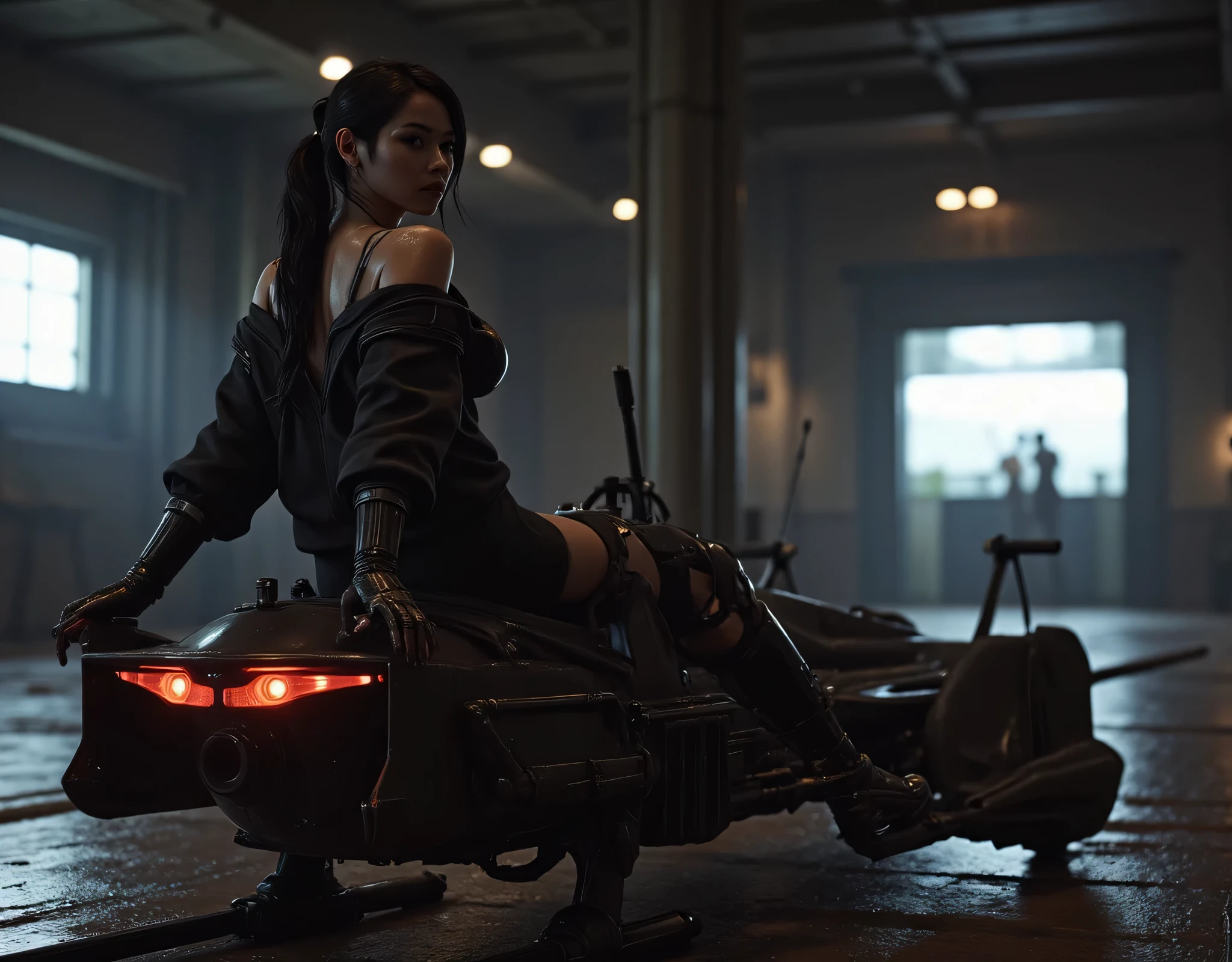 ((Ride a speeder bike:2.0)),(((The dark interior of the Nostromo ship :2.0))),((( HR Gigger Style Cyberpunk Atmosphere :2.0))),(((Straddle a cyberpunk-style air speeder:2.0))),Side view from the back ,Side pose,(( Look Back and Look at the Camera:2.0)),(( looking back over my shoulder :2.0)),Rear View,((whole body:2.0)), one woman,( cute face),(Beautiful well-balanced face ),(( natural big breasted :2.0)),( black hair:1.5),(beautiful eyes:1.3), glamorous shot of a 20 year old Japanese woman , Slender Beautiful Body ,((Model body type:2.0)),(( slim body with hot water:1.7)), perfect body line ,ideal proportions,( big breasts:2.0),Bare thighs, sensual thighs, delicate body,( Muscular:1.5),A harmonious posture,((Beautiful ass:2.0)),((cute ass:2.0)), ((((Bare ass :2.0)))),((( T-back :2.0))),(Realistic breast depiction :1.5), carefully depict limbs based on perfect anatomy,((Wear a samurai kimono-style military coat with an open front over a black super high-leg leotard :2.0,((super high leg leotard made of fitted cammie-like latex:1.5)),(( Samurai kimono-style military jacket with the front open over a leotard:1.5)),(ear monitor:1.5),((Tactical Holster:1.5)),( gloves:1.3),concept art,(TOP QUALITY:1.5),(masterpiece:1.5),(超高resolution),resolution,UHD,( delicate depiction), carefully drawn with butterfly wings ,32K,((realistic skin texture:1.5)),((( Super realistic :1.5))), eyelashes,very detailed face,Highly detailed female hand,Very sensual,(Blurry Dim Backgrounds :1.5), professional photography,( Movie Lighting:2.0),(( Blade Runner Style Lights :2.0))