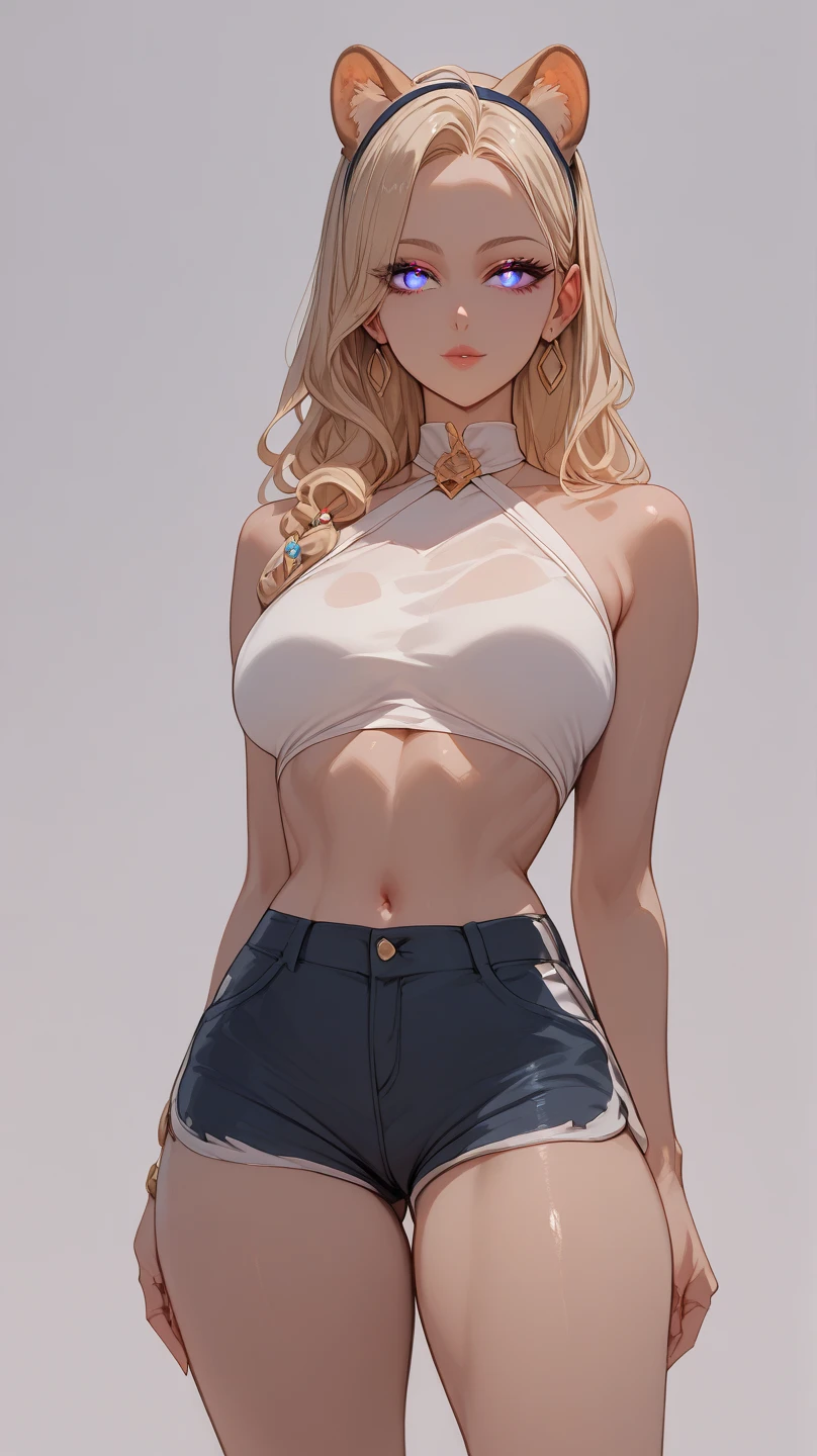 Sozinho, 1 garota, (Obra de arte), ((appearance of 16 years)), cabelo amarelo, cabelo longo, ahoje, cabelo espetado, medium breasts, olhos roxos, ((olhos detalhados)), (corpo forte), (corte preto simples ), look sexy preto com detalhes brancos, olhando para a tela, batom cor de rosa, (fundo desfocado), efeito de fogo roxo, visible belly, oversized black cargo pants, umbigo, (clavicle)