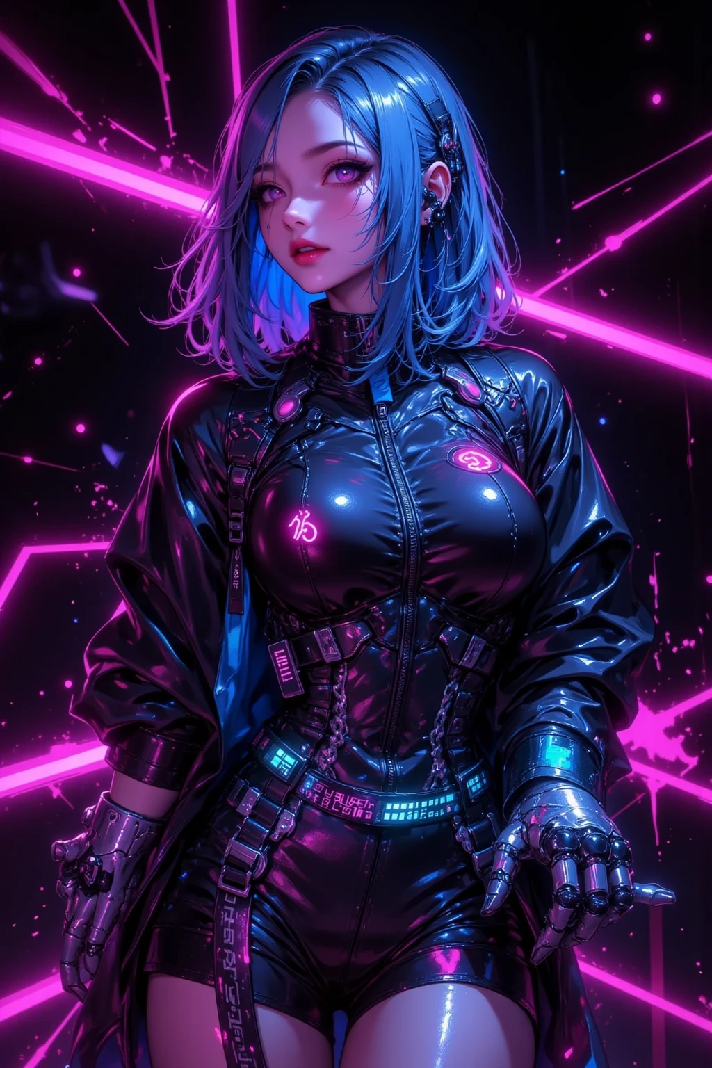 (masterpiece), (extremely intricate:1.3), (realistic), 1girl, solo, goth, rainbow hair, messy hair, bedhead, short hair, face mask, new york city, night, nighttime, neon lights, pale skin, skinny, wasp waisted, hourglass figure, cyberpunk, cyberpunk aesthetic, futuristic