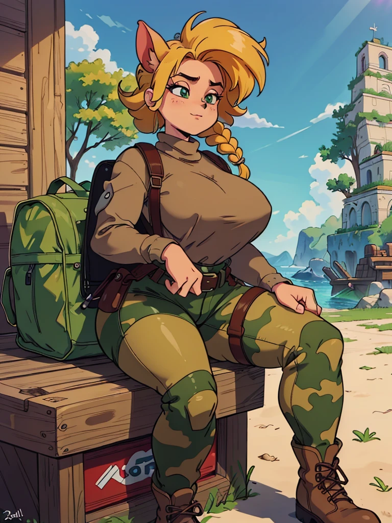 anthro bandicoot girl with redhead hair in braids, in a relaxing and seductive camoflage pants, and army boots, winter, futanari