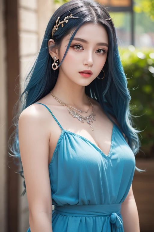 (hyper-realistic), (illustration), (high resolution), (8k), (Very detailed), (最佳illustration), (Beautiful and delicate eyes), (best quality), (Super detailed), (masterpiece), (wallpaper), (lifelike), (Natural light), (edge lit), (Detailed face), (高度细致lifelike皮肤纹理), (anatomically correct), (alone), (1 girl), (高细节lifelike头发), (blue hair:1.2), spiky hair, (heterochromatic eyes), (Detailed green eyes), (There is a small mole under the eye), (realistic:1.5), (Naked of breast:1.3), (long legs), (slim abs), (dynamic poses), (Keep your mouth shut:1.3), (Traditional Hanfu), (transparent clothes:1.5), national foundation,Show breasts,Show breasts,exposing her chest,huge ,huge breasts,exposing her chest,huge breasts,