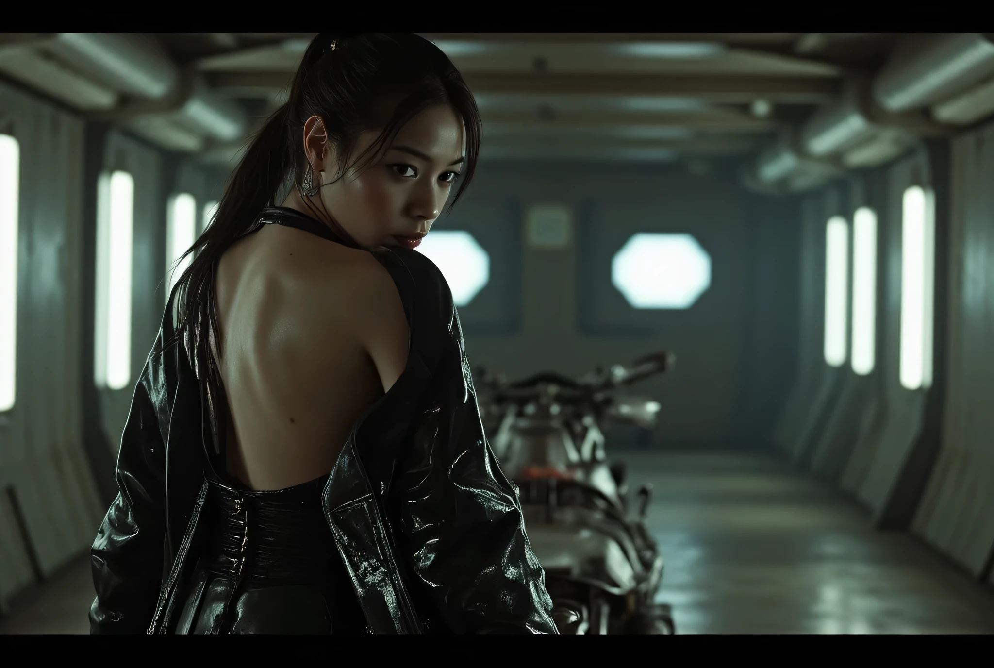 ((Ride a speeder bike:2.0)),(((The dark interior of the Nostromo ship :2.0))),((( HR Gigger Style Cyberpunk Atmosphere :2.0))),(((Straddle a cyberpunk-style air speeder:2.0))),Side view from the back ,Side pose,(( Look Back and Look at the Camera:2.0)),(( looking back over my shoulder :2.0)),Rear View,((whole body:2.0)), one woman,( cute face),(Beautiful well-balanced face ),(( natural big breasted :2.0)),( black hair:1.5),(beautiful eyes:1.3), glamorous shot of a 20 year old Japanese woman , Slender Beautiful Body ,((Model body type:2.0)),(( slim body with hot water:1.7)), perfect body line ,ideal proportions,( big breasts:2.0),Bare thighs, sensual thighs, delicate body,( Muscular:1.5),A harmonious posture,((Beautiful ass:2.0)),((cute ass:2.0)), ((((Bare ass :2.0)))),((( T-back :2.0))),(Realistic breast depiction :1.5), carefully depict limbs based on perfect anatomy,((Wear a samurai kimono-style military coat with an open front over a black super high-leg leotard :2.0,((fit camy-style latex super high-leg leotard:1.5)),((Samurai kimono style military jacket with the front open over a leotard:1.5)),(ear monitor:1.5),((Tactical Holster:1.5)),( gloves:1.3),concept art,(TOP QUALITY:1.5),(masterpiece:1.5),(超高resolution),resolution,UHD,( delicate depiction), carefully drawn with butterfly wings ,32K,((realistic skin texture:1.5)),((( Super realistic :1.5))), eyelashes,very detailed face,Highly detailed female hand,Very sensual,(Blurry Dim Backgrounds :1.5), professional photography,( Movie Lighting:2.0),(( Blade Runner Style Lights :2.0))