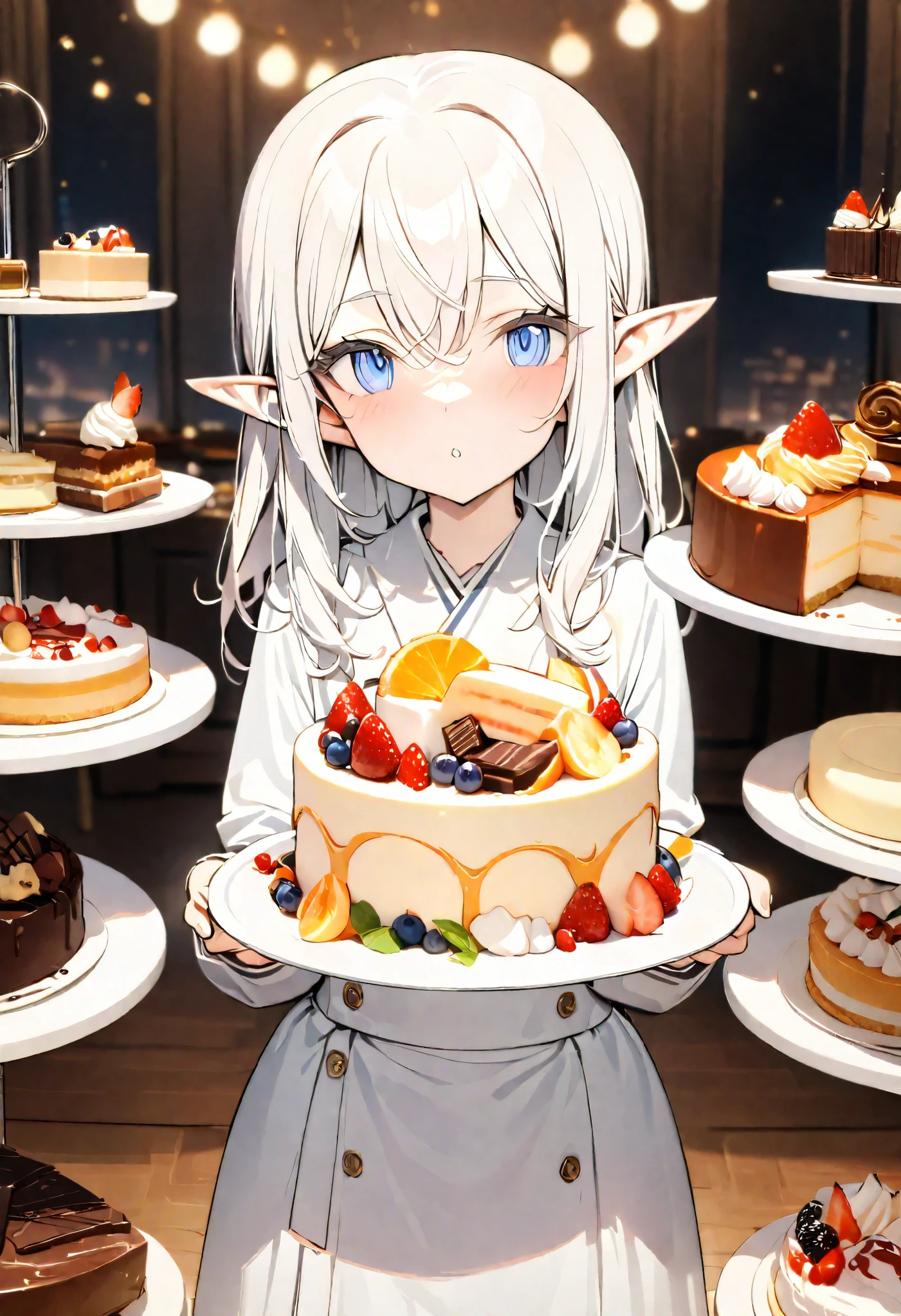 ((Best quality, 8k, Masterpiece: 1.3)), Highly detailed face and skin texture, A young Japanese college girl is standing in front of a luxurious dessert buffet, holding a plate while deciding which cake to choose. Her eyes are filled with excitement as she looks at the wide variety of sweets in front of her. The buffet includes classic shortcake and cheesecake, vibrant fruit tarts, rich chocolate cakes, and many other delicious desserts. The setting is bright and elegant, with soft lighting that enhances the colors and textures of the cakes. The atmosphere is warm and inviting, making the scene feel joyful and indulgent. elf, pointy ears