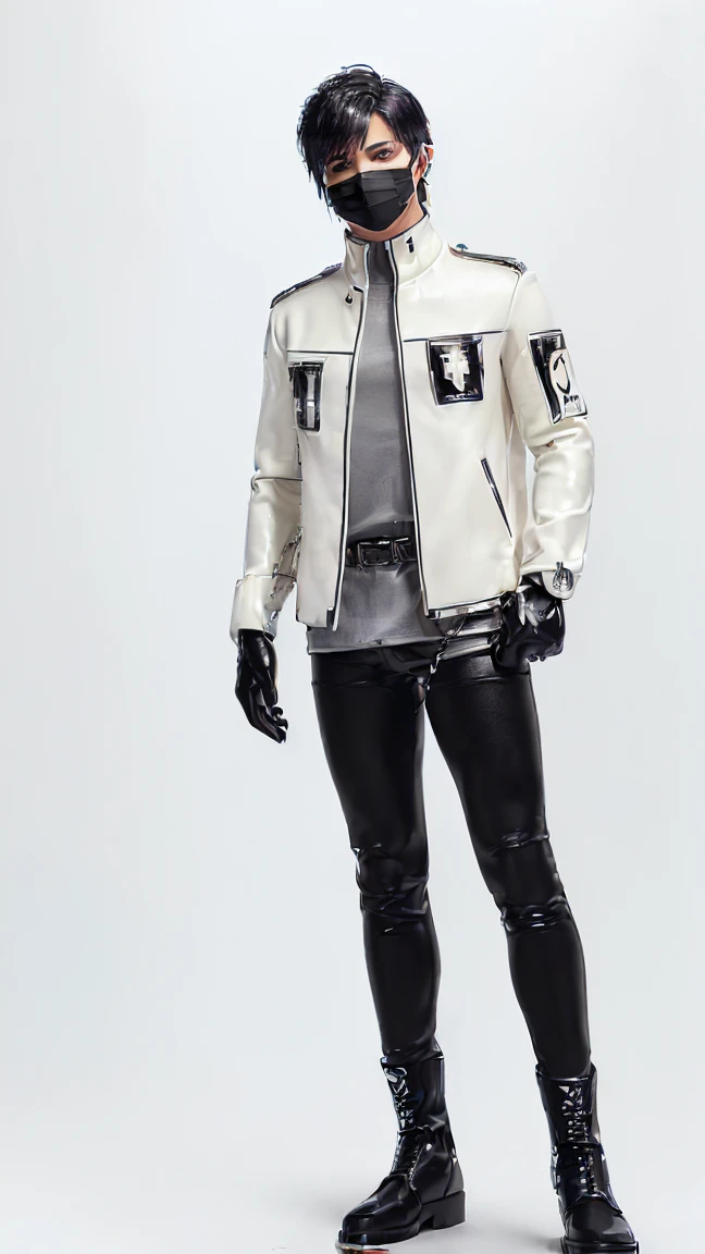 Final fantasy taste and reality graphics, ((Japanese young cute and cool ikemen boy)), his age is early 20s, thin eyebrows and beady eyes, ((he wearing off white color leather thick and heavy material jacket)), ((jacket is singlebrest)), ((biker style jacket)), ((jacket is large size)),((with epaulet)), ((jacket is long sleeve)), ((zipped up front of the leather jacket)), , ((voluminous leather jacket)), ,((must jacket is high length and stand-up collar)) ((jacket collar with two belts)), ((jacket is a little black color line pattern)), ((also wearing black thick material turtleneck lackluster shirts)), ((tight black leather pants)), ((put black leather tight and thin glove on both hands)), ((black leather knee-high raceup boots)),((must views head-to-toe)),((must views whole body)), ,((Do not show skin from the neck down)),leather jacket leather glove and leather pants have few wrinkles, Avoid showing your innerwear,zip up jacket fastner.must put on a leather glove.
Boy is black hair.boy looks like fashion model.
((Boy put on black gasmask at nose and mouth area))