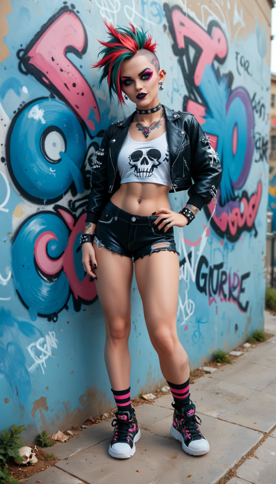 An illustration of a character zombie woman with exaggerated features, wearing punk and sneakers. The background is gothic, with vibrant colors for the character's outfit. Her hair should be wild, adorned with various accessories like skull pins and feathers. She has large expressive eyes that give her face an animated appeal. The overall design reflects an art style in the style of graffiti. ,facing the camera, eyes looking forward