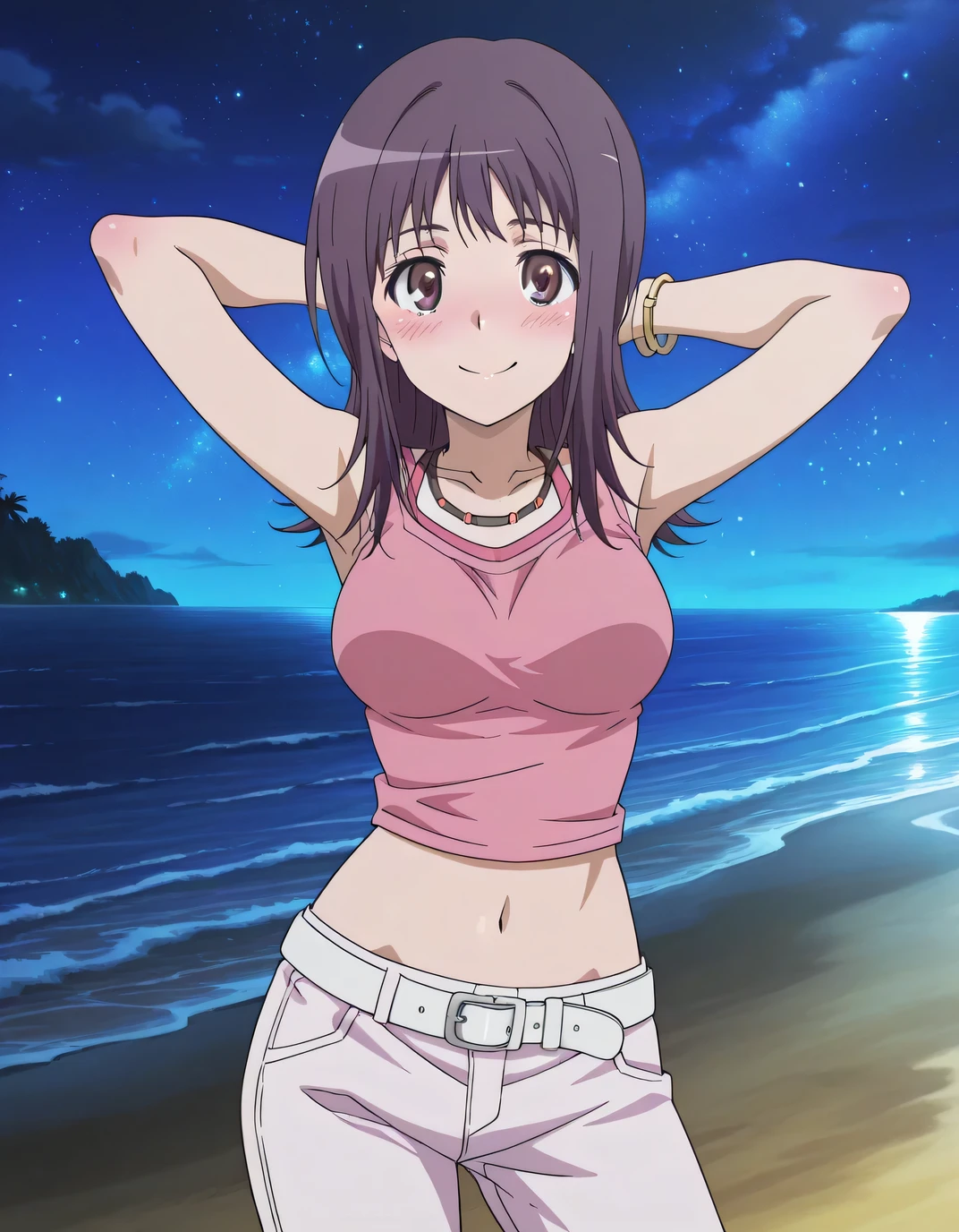 Itsuwa pink shirt white pants (outfit), anime coloring, anime screencap,
solo, navel, midriff, jewelry, brown eyes, purple hair, shorts, belt, bracelet, shirt, sleeveless, sleeveless shirt, breasts, blush, medium hair, pink shirt, long hair, necklace, medium breasts, crop top, collarbone, white belt, high quality, solo, cowboy shot, (contrapposto), arms behind head, closed mouth, night sky, beach, looking at viewer, smile, blushing, best quality
