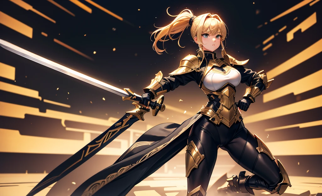 Blonde beauty,Short ponytail,Chest,cleavage,black tights,Black sci-fi armor,Long skirt,cross sword,maze(masterpiece, best quality, high quality, High resolution, Extremely detailed),