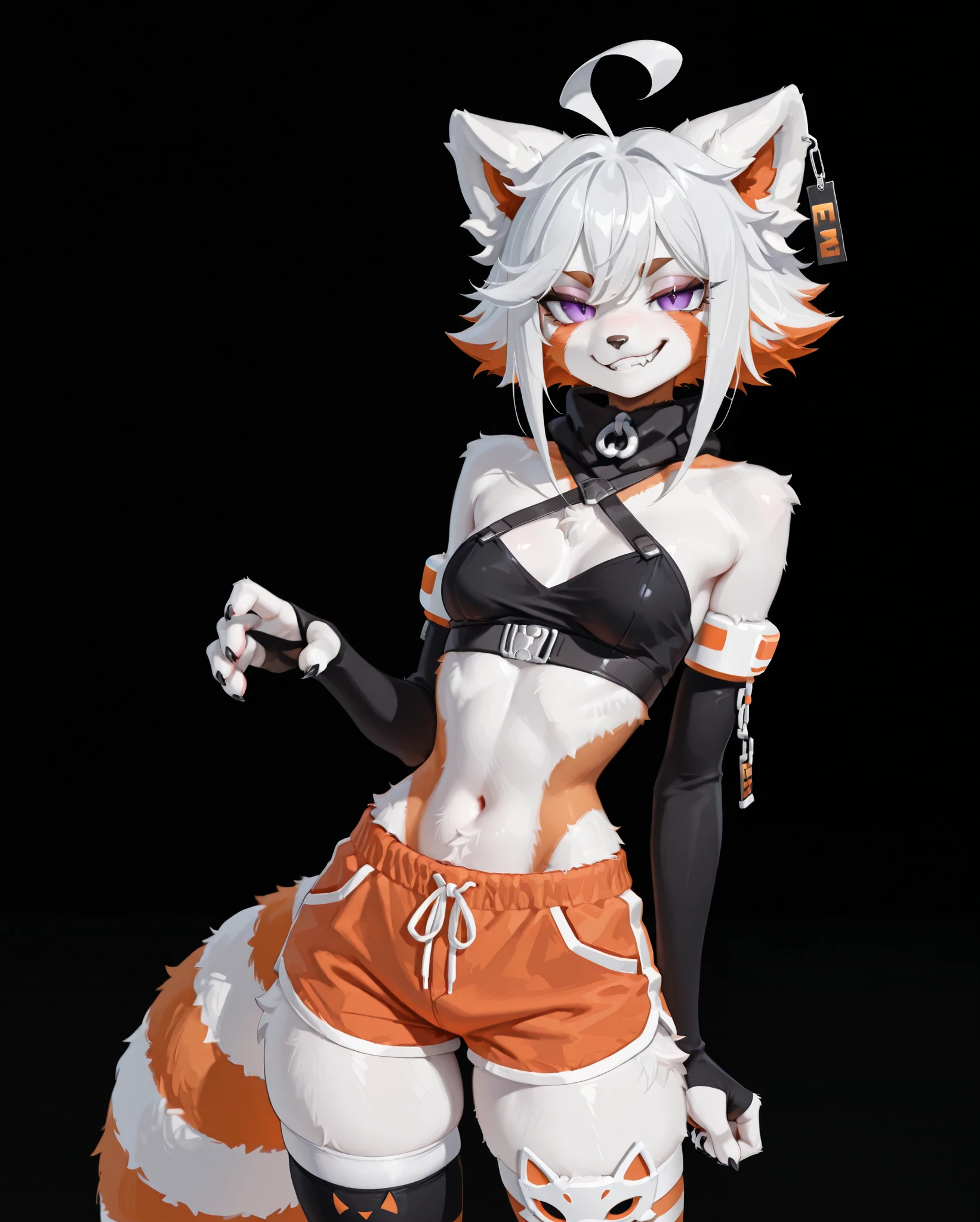 best quality, masterpiece, \(vtuber\), deme \(2nd outfit\), an anthro furry red panda girl, striped fluffy red panda tail, white fur, ahoge, white hair, multicolored hair, short hair, purple eyes, black background, smirk, ear tag, wearing black crop top, orange shorts, small breasts, , thighhighs, playful pose, abstract dark background, soft_lighting, detailed fur,