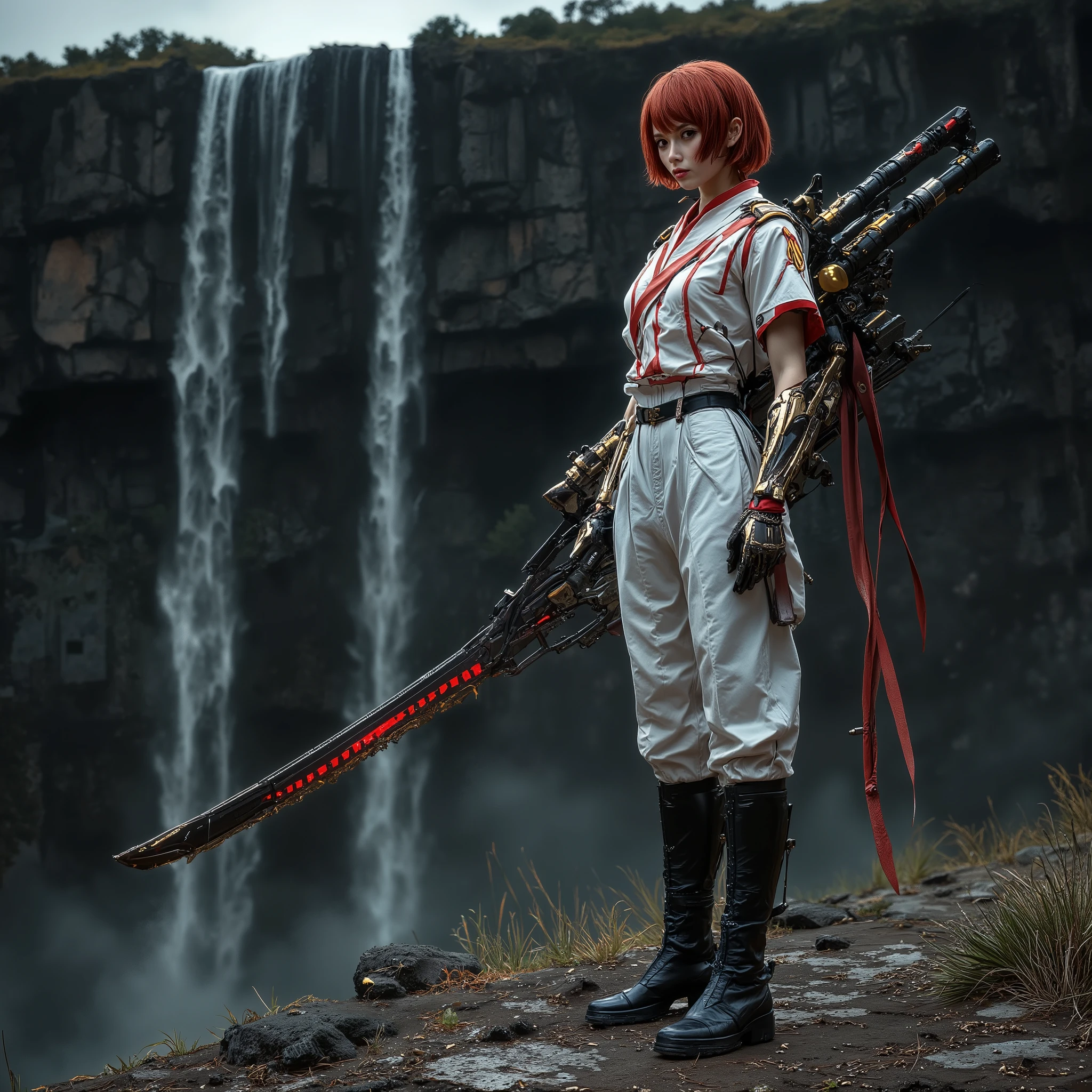 ( highest resolution,  clear_ images) Excellent,  masterpiece, high detail, semi-realistic, Dishonor 2,  Very Beautiful Woman , Alone,  normal handsome posture,  Short Red Hair ,   golden eyes ,  expressionless, 18 years old,  young,  tall and strong  , white and red  Military Uniform , pants, Gunpan ,  military boots ,  Military Uniform ,  Army School,  confident, Serious, Cold and haughty,  cliff that rises on the opposite bank,  Look Down