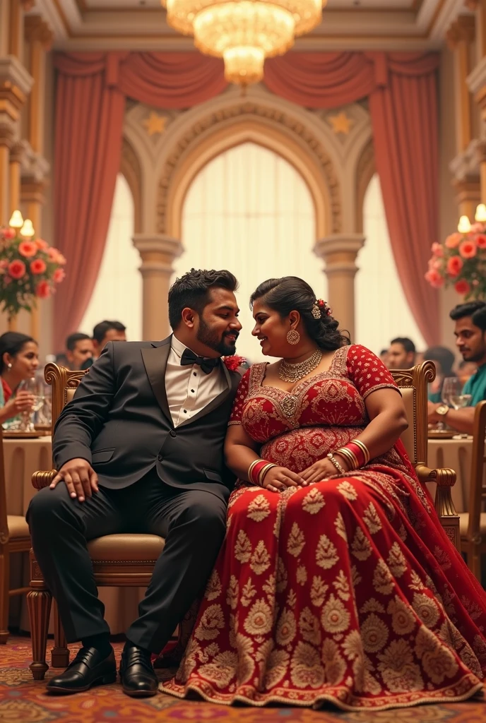 Newly wed couple, hot south indian slim milf with black twisted bun hair, big breast, big hip, big ass, thick thighs, woman wearing saree, indian couple, short brown man with afro haircut, big muscular body and beard, man wearing suit, in wedding stage, woman holding man hand, high resolution, looking at camera,