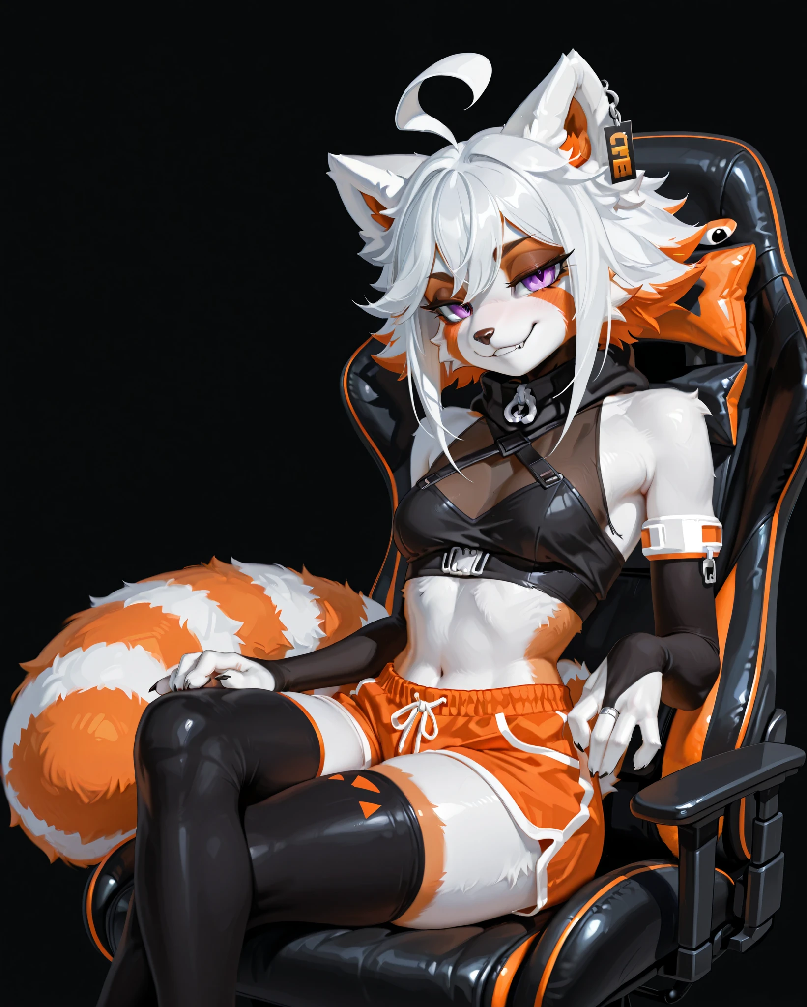 best quality, masterpiece, solo, \(vtuber\), deme \(2nd outfit\), an anthro furry red panda girl, striped fluffy red panda tail, white fur, ahoge, white hair, multicolored hair, short hair, purple eyes, black background, seductive smile, ear tag, wearing black crop top, orange shorts, small breasts, , thighhighs, playful pose, sitting on a gaming chair, legs crossed, seductive, abstract dark background, soft_lighting, detailed fur,