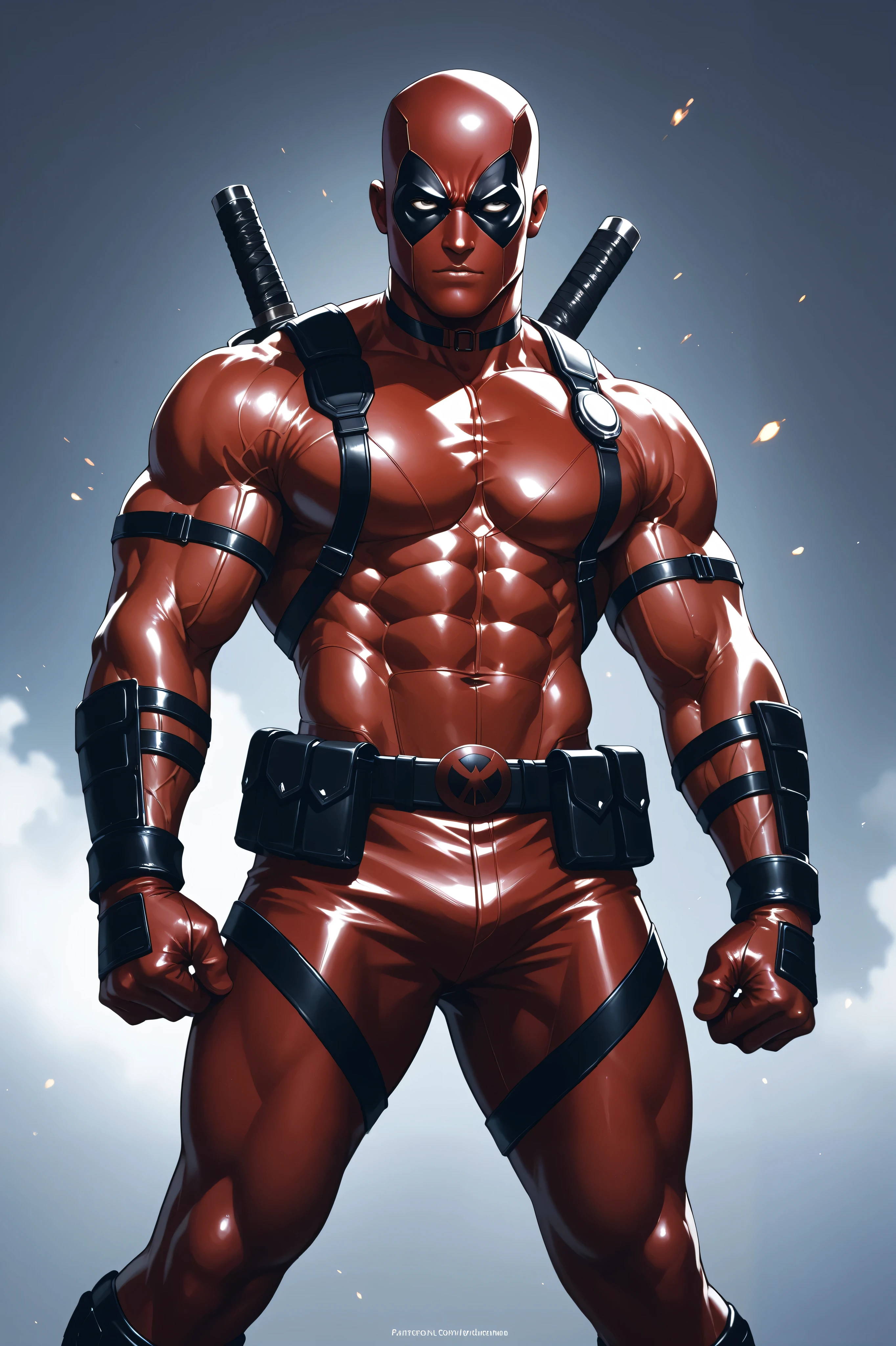 Cartoon style of the Marvel character Deadpool with the classic Deadpool full uniform, but tighter to the body showing his perfect muscles, bare arms highlighting the white skin and muscular arms, short hair on the arms, imposing masculine pose