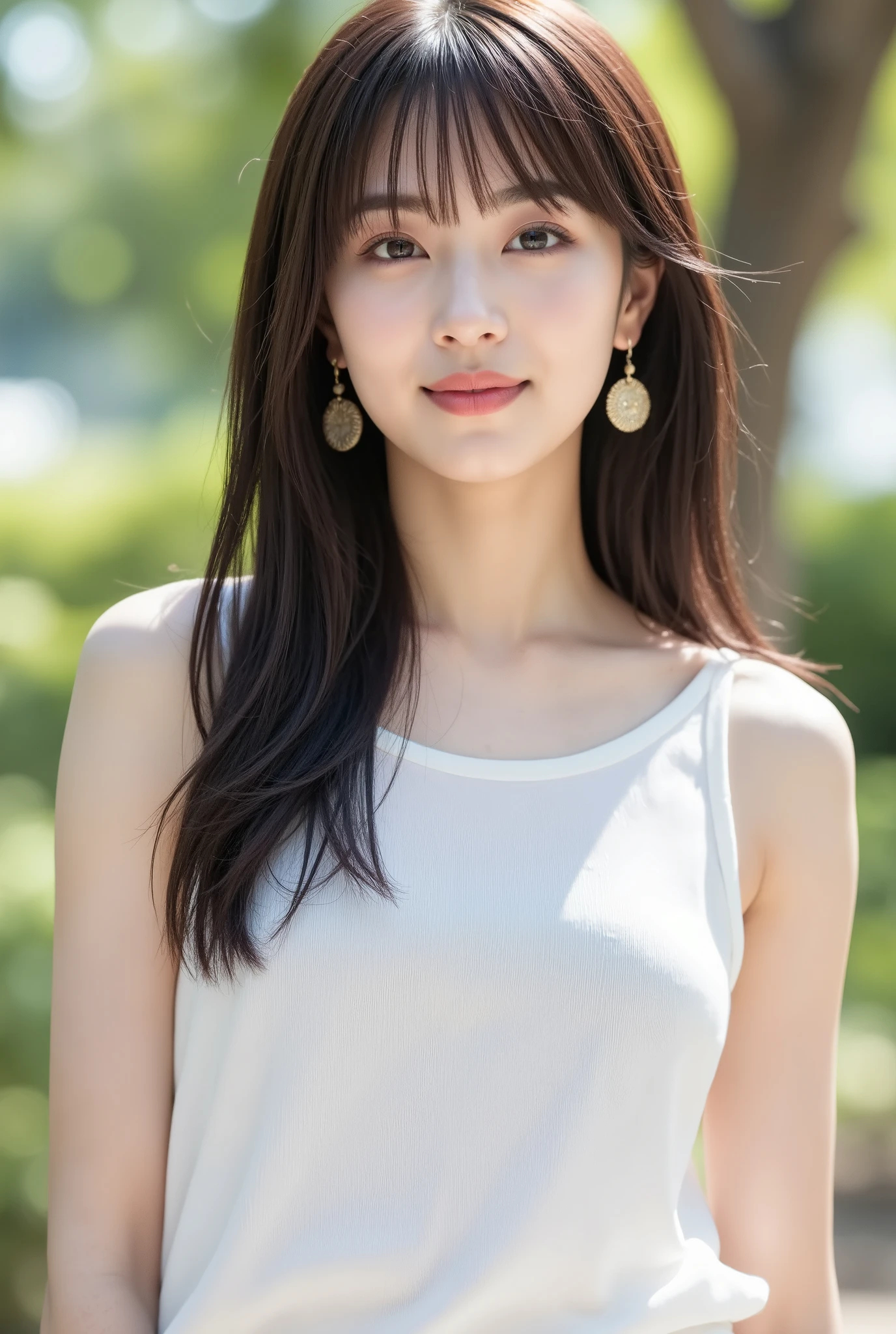 Create a portrait of a stunning K-Pop idol girl, focusing on a close-up from the shoulders up. She has a slender figure and a petite chest, with medium-length hair. The outfit should reflect a light and breezy spring fashion, suitable for a fashion magazine gravure shoot.