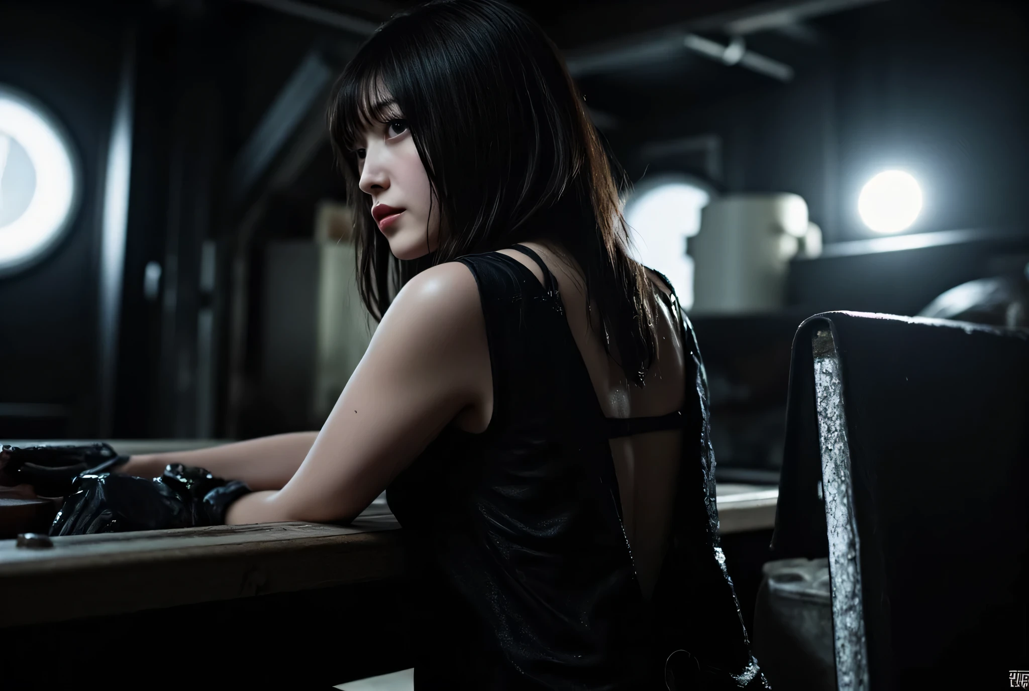 ((Ride a speeder bike:2.0)),(((The dark interior of the Nostromo ship :2.0))),((( HR Gigger Style Cyberpunk Atmosphere :2.0))),(((Akira Bike風エアースピーダーに跨る:2.0))),Side view from the back ,Side pose,(( Look Back and Look at the Camera:2.0)),(( looking back over my shoulder :2.0)),Rear View,((whole body:2.0)), one woman,( cute face),(Beautiful well-balanced face ),(( natural big breasted :2.0)),( black hair:1.5),(beautiful eyes:1.3), glamorous shot of a 20 year old Japanese woman , Slender Beautiful Body ,((Model body type:2.0)),(( slim body with hot water:1.7)), perfect body line ,ideal proportions,( big breasts:2.0),Bare thighs, sensual thighs, delicate body,( Muscular:1.5),A harmonious posture,((Beautiful ass:2.0)),((cute ass:2.0)), ((((Bare ass :2.0)))),((( T-back :2.0))),(Realistic breast depiction :1.5), carefully depict limbs based on perfect anatomy,((Wear a samurai kimono-style military coat with an open front over a black super high-leg leotard :2.0,((fit camy-style latex super high-leg leotard:1.5)),((Samurai armor-style military jacket with an open front over a leotard:1.5)),(ear monitor:1.5),((Tactical Holster:1.5)),( gloves:1.3),concept art,(TOP QUALITY:1.5),(masterpiece:1.5),(超高resolution),resolution,UHD,( delicate depiction), carefully drawn with butterfly wings ,32K,((realistic skin texture:1.5)),((( Super realistic :1.5))), eyelashes,very detailed face,Highly detailed female hand,Very sensual,(Blurry Dim Backgrounds :1.5), professional photography,( Movie Lighting:2.0),(( Blade Runner Style Lights :2.0))