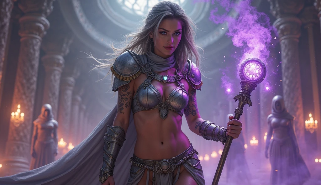 70 year old woman with wrinkles on her skin,Very long straight hair with thick braids with a bun,thick lips,thick eyebrows,red painted lips,with very sexy warrior armor that shows off her beautiful body,with thong,fitness ass with muscle,athletic body,Warrior woman,with an angry face with fury and anger, posing with his back to the viewer,LOOKING AT THE SPECTATOR,with big tits,very tight armor,very small thong,beautiful ass,with a very powerful staff in his hand that emanates violet rays,surrounded by golden magical energy,with violet rays around it,with a lot of magical power.Real photo,human photo,photo without animation,non-animated photo,very realistic photo.