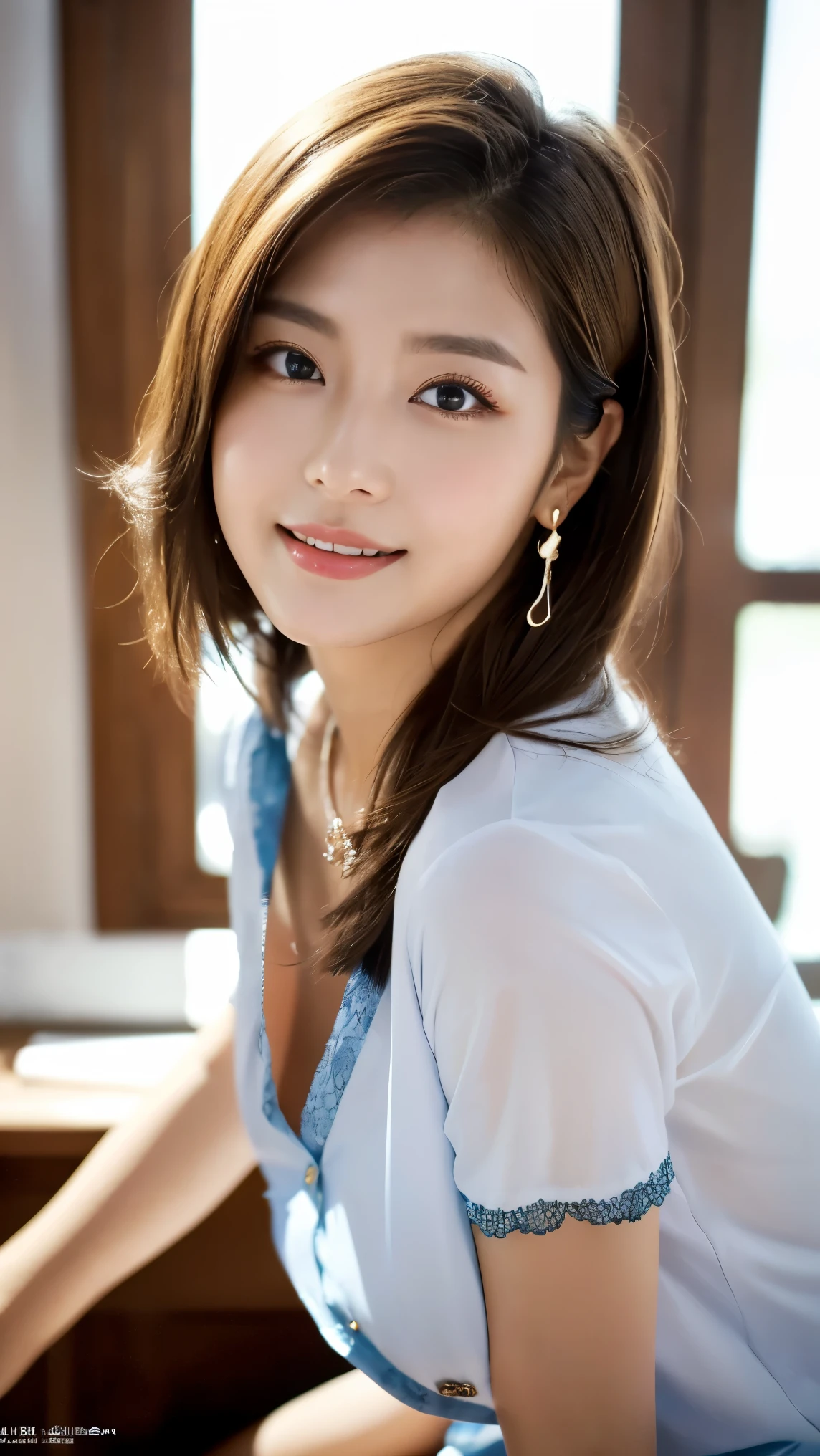 realistic photos of (1 cute Korean star) Shoulder-length hair, thin makeup, medium breasts size, slightly smile, orange cardigan, clear facial features of Canon EOS, 8K high resolution, sharp and realistic details.