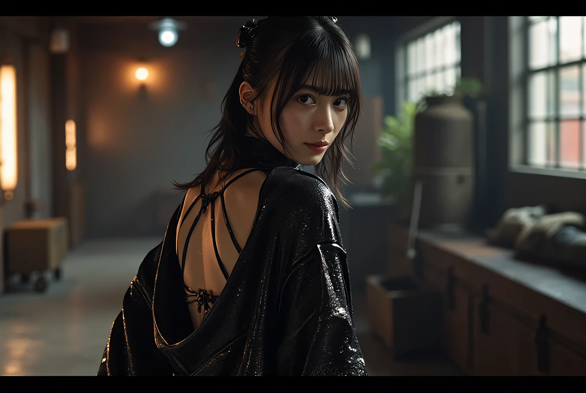 ((Ride a speeder bike:2.0)),(((The dark interior of the Nostromo ship :2.0))),((( HR Gigger Style Cyberpunk Atmosphere :2.0))),(((Akira Bike風エアースピーダーに跨る:2.0))),Side view from the back ,Side pose,(( Look Back and Look at the Camera:2.0)),(( looking back over my shoulder :2.0)),Rear View,((whole body:2.0)), one woman,( cute face),(Beautiful well-balanced face ),(( natural big breasted :2.0)),( black hair:1.5),(beautiful eyes:1.3), glamorous shot of a 20 year old Japanese woman , Slender Beautiful Body ,((Model body type:2.0)),(( slim body with hot water:1.7)), perfect body line ,ideal proportions,( big breasts:2.0),Bare thighs, sensual thighs, delicate body,( Muscular:1.5),A harmonious posture,((Beautiful ass:2.0)),((cute ass:2.0)), ((((Bare ass :2.0)))),((( T-back :2.0))),(Realistic breast depiction :1.5), carefully depict limbs based on perfect anatomy,((Wear a samurai kimono-style military coat with an open front over a black super high-leg leotard :2.0,((super high leg leotard made of fitted cammie-like latex:1.5)),((Samurai armor-style military jacket with an open front over a leotard:1.5)),(ear monitor:1.5),((Tactical Holster:1.5)),( gloves:1.3),concept art,(TOP QUALITY:1.5),(masterpiece:1.5),(超高resolution),resolution,UHD,( delicate depiction), carefully drawn with butterfly wings ,32K,((realistic skin texture:1.5)),((( Super realistic :1.5))), eyelashes,very detailed face,Highly detailed female hand,Very sensual,(Blurry Dim Backgrounds :1.5), professional photography,( Movie Lighting:2.0),(( Blade Runner Style Lights :2.0))