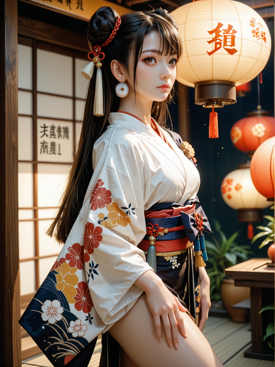 ((Extremely detailed CG unit 8k wallpaper, Masterpiece, high resolution, top quality, top qualityのリアルテクスチャスキン)), ((a very beautiful woman, seductive facial expressions, plump lips, upper part of body, Japanese style short outer box, Japanese pattern mini shorts)), (Messy black hair, white skinned, small), ((Colored background design, Japanese pattern background, chill, White background)), Ink painting, Surreal, Digital painting, concept art,