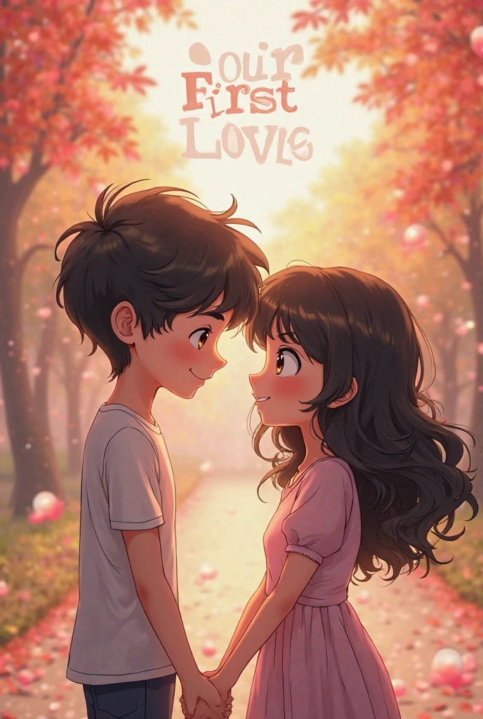 Photographs with the initials on his black cap C for man and L for woman, as a couple in love, with anime cartoons The couple is sitting and they are forming a heart with their hands , homem de cabelo enrolado cor castanho,  morena parda 