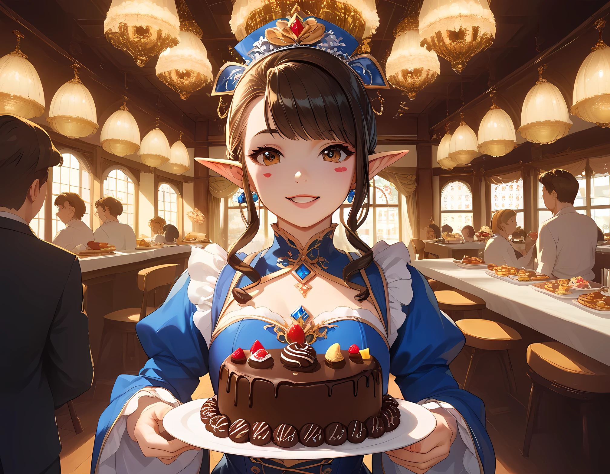 ((Best quality, 8k, Masterpiece: 1.3)), Highly detailed face and skin texture, A young Japanese college girl is standing in front of a luxurious dessert buffet, holding a plate while deciding which cake to choose. Her eyes are filled with excitement as she looks at the wide variety of sweets in front of her. The buffet includes classic shortcake and cheesecake, vibrant fruit tarts, rich chocolate cakes, and many other delicious desserts. The setting is bright and elegant, with soft lighting that enhances the colors and textures of the cakes. The atmosphere is warm and inviting, making the scene feel joyful and indulgent. elf, pointy ears