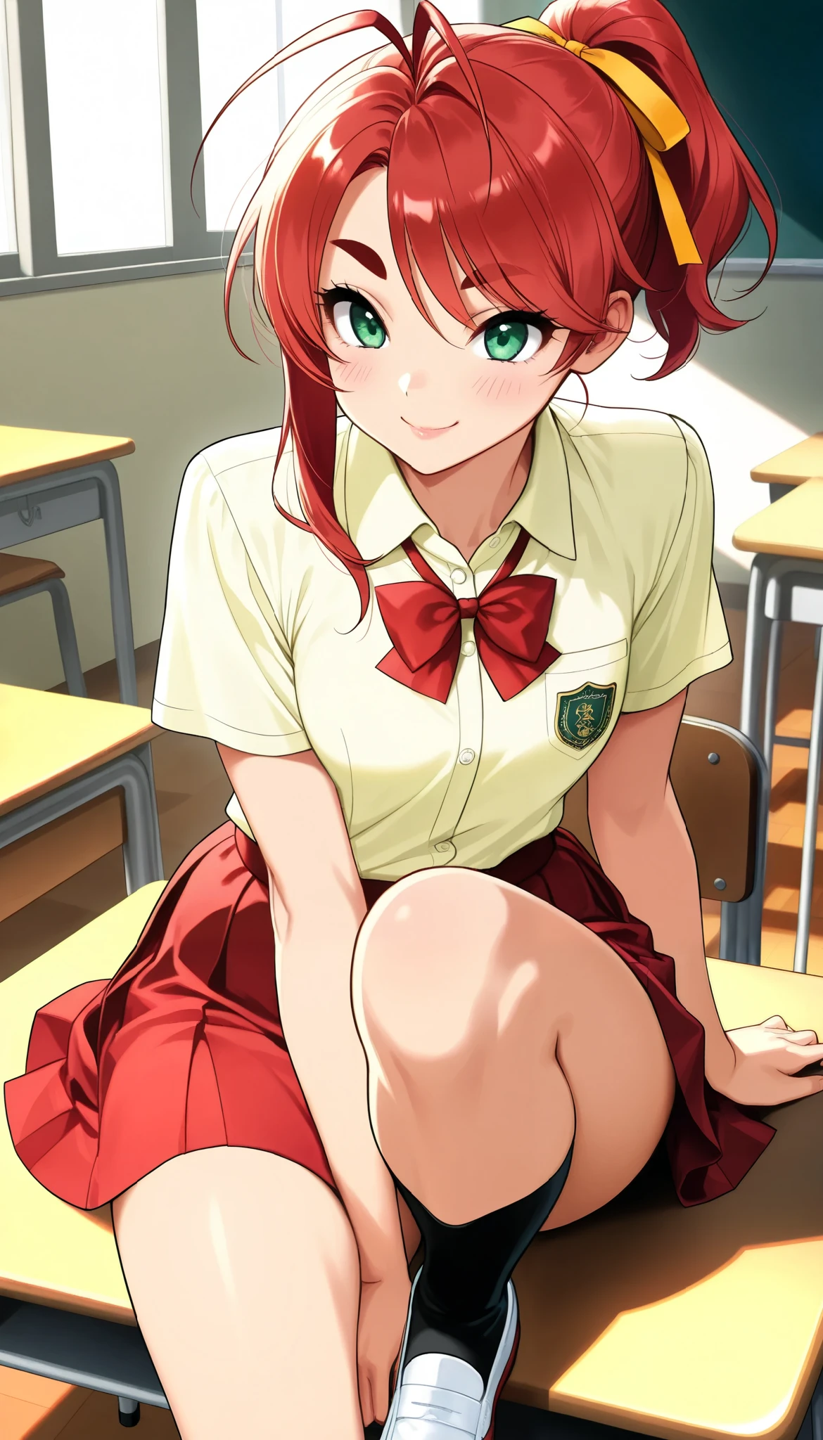 1 beautiful girl, Hayase Mina, \(sexfriend\), (A woman with radiant skin:1.6,green eyes, smile, blush), (( red hair , thick eyebrows, ponytail tied with yellow ribbon, asymmetrical hair, Big Antenna Hair:1.6, black socks, Indoor shoes)), beautiful eyes, beautiful lips, very detailed目と顔, long lashes for muscular body, Mid-chest, perfect face, Perfect Hand, perfect leg, perfect fingertips, ((Light Yellow Short Sleeve Collared Shirt :1.4), Red bowtie:1.4, brown cloth ribbon on shirt sleeve:1.1, red pleated skirt), school classrooms, Sitting at a desk, Glamorous Light , light shining in ,(TOP QUALITY:1.2, very detailed, High Detailed CG Illustration, Soft Focus , masterpiece:1.2, BEST AESTHETICS),