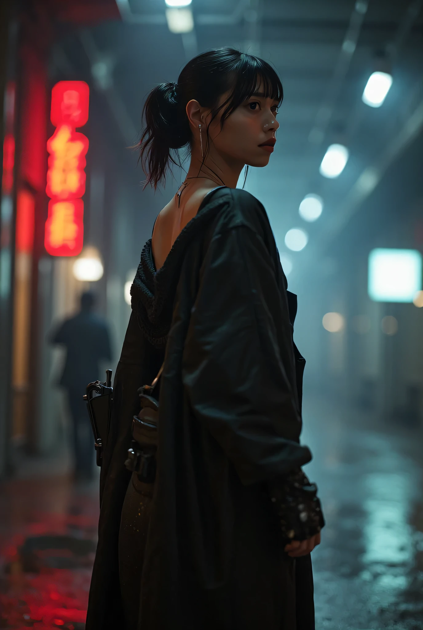 ((Ride a speeder bike:2.0)),(((The dark interior of the Nostromo ship :2.0))),((( HR Gigger Style Cyberpunk Atmosphere :2.0))),(((Akira Bike風エアースピーダーに跨る:2.0))),Side view from the back ,Side pose,(( Look Back and Look at the Camera:2.0)),(( looking back over my shoulder :2.0)),Rear View,((whole body:2.0)), one woman,( cute face),(Beautiful well-balanced face ),(( natural big breasted :2.0)),( black hair:1.5),(beautiful eyes:1.3), glamorous shot of a 20 year old Japanese woman , Slender Beautiful Body ,((Model body type:2.0)),(( slim body with hot water:1.7)), perfect body line ,ideal proportions,( big breasts:2.0),Bare thighs, sensual thighs, delicate body,( Muscular:1.5),A harmonious posture,((Beautiful ass:2.0)),((cute ass:2.0)), ((((Bare ass :2.0)))),((( T-back :2.0))),(Realistic breast depiction :1.5), carefully depict limbs based on perfect anatomy,((Wear a samurai kimono-style military coat with an open front over a black super high-leg leotard :2.0,((super high leg leotard made of fitted cammie-like latex:1.5)),((Samurai armor-style military jacket with an open front over a leotard:1.5)),(ear monitor:1.5),((Tactical Holster:1.5)),( gloves:1.3),concept art,(TOP QUALITY:1.5),(masterpiece:1.5),(超高resolution),resolution,UHD,( delicate depiction), carefully drawn with butterfly wings ,32K,((realistic skin texture:1.5)),((( Super realistic :1.5))), eyelashes,very detailed face,Highly detailed female hand,Very sensual,(Blurry Dim Backgrounds :1.5), professional photography,( Movie Lighting:2.0),(( Blade Runner Style Lights :2.0))
