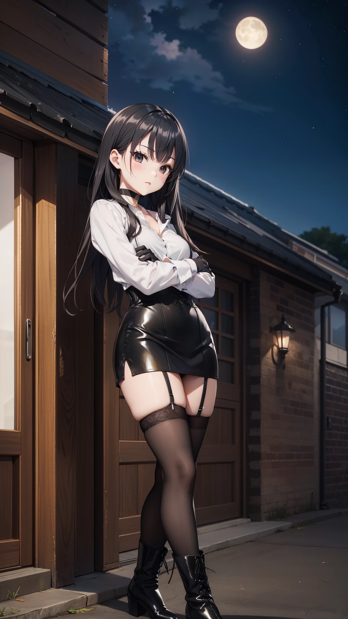 Masterpiece, anime style, A young girl,  of foot, ( seen from the front ), ((( arms crossed ))), pretty face,  surprised look, ((redness on the cheeks)), long black hair, detailed eyes,  black eyes,  choker : 1.6, (( long sleeve white shirt )), ( black gloves ), (black leather corset), ((black miniskirt)),  brown stockings,  black leather boots ), self-critical , roof, (( at night))
