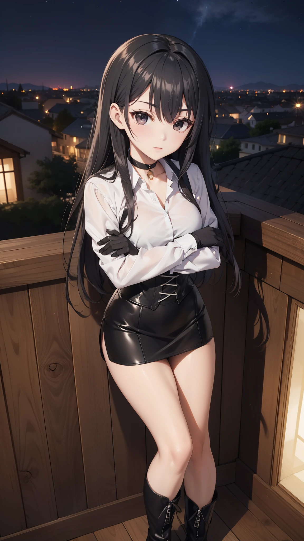 Masterpiece, anime style, A young girl,  of foot, (view from above), ((( arms crossed ))), pretty face,  surprised look, ((redness on the cheeks)), long black hair, detailed eyes,  black eyes,  choker : 1.6, (( long sleeve white shirt )), ( black gloves ), (black leather corset), ((black miniskirt)),  brown stockings,  black leather boots ), self-critical , roof, (( at night))