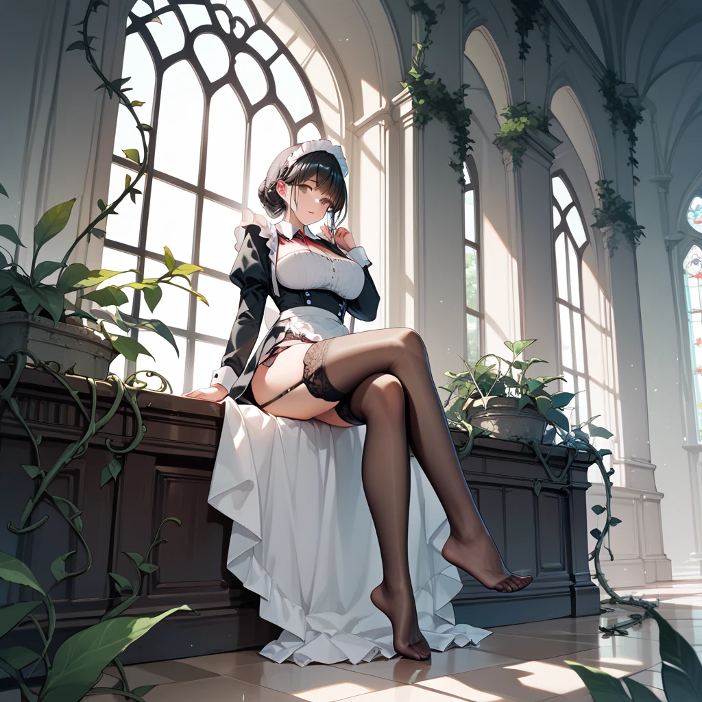 A beautiful woman in white short sleeves sits on a chair，She took off her black stockings！One of the stockings was taken off by a beautiful woman，She held it tightly in her hand，Look down along the slender, Straight legs，A pair of perfect jade feet appeared in front of him，Snow-white beautiful feet，Pearl toes wriggle playfully，The forefoot is slightly cocked，Step on white canvas shoes，The arch of the foot is bent - the stockings on the other leg are being removed，The root of the black stockings was grabbed by her thousand jade hands。，Already to the knee position。Above Knees, The skin of the snow-white thighs can be imagined just by looking at it。At the knees are slender calves wrapped in black stockings and more attractive jade feet，Playful feet twisting slightly in translucent black stockings