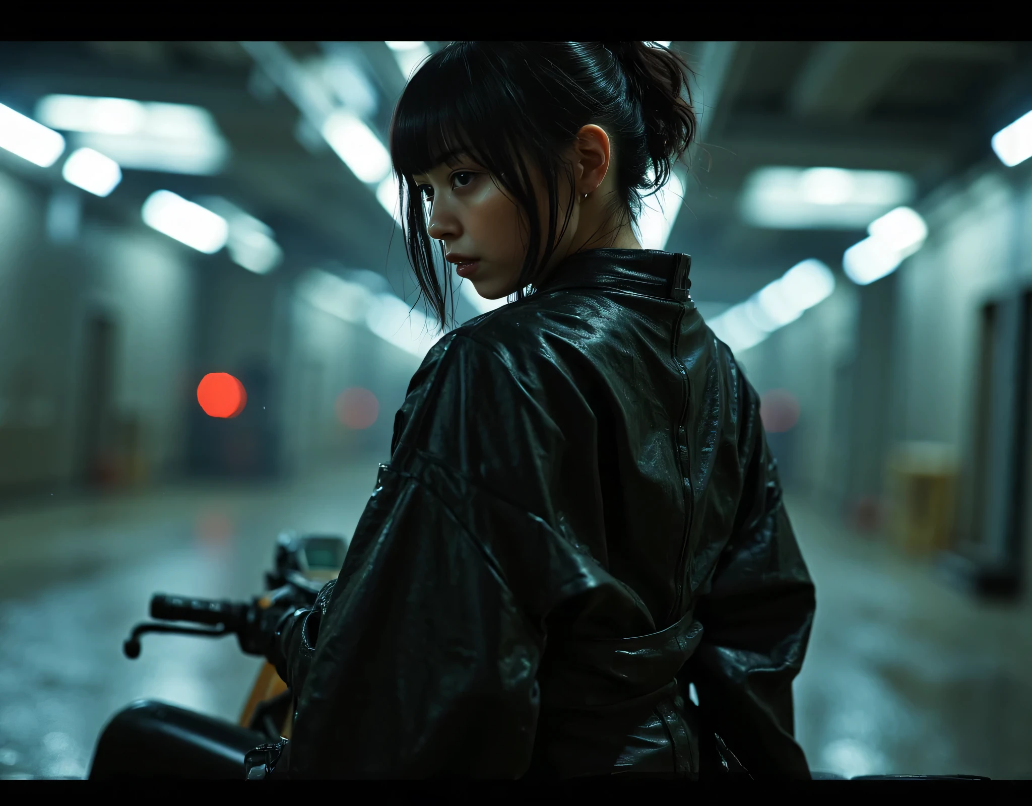 ((Ride a speeder bike:2.0)),(((The dark interior of the Nostromo ship :2.0))),((( HR Gigger Style Cyberpunk Atmosphere :2.0))),(((Akira Bike風エアースピーダーに跨る:2.0))),Side view from the back ,Side pose,(( Look Back and Look at the Camera:2.0)),(( looking back over my shoulder :2.0)),Rear View,((whole body:2.0)), one woman,( cute face),(Beautiful well-balanced face ),(( natural big breasted :2.0)),( black hair:1.5),(beautiful eyes:1.3), glamorous shot of a 20 year old Japanese woman , Slender Beautiful Body ,((Model body type:2.0)),(( slim body with hot water:1.7)), perfect body line ,ideal proportions,( big breasts:2.0),Bare thighs, sensual thighs, delicate body,( Muscular:1.5),A harmonious posture,((Beautiful ass:2.0)),((cute ass:2.0)), ((((Bare ass :2.0)))),((( T-back :2.0))),(Realistic breast depiction :1.5), carefully depict limbs based on perfect anatomy,((Wear a samurai kimono-style military coat with an open front over a black super high-leg leotard :2.0,((fit camy-style latex super high-leg leotard:1.5)),((Samurai armor-style military jacket with an open front over a leotard:1.5)),(ear monitor:1.5),((Tactical Holster:1.5)),( gloves:1.3),concept art,(TOP QUALITY:1.5),(masterpiece:1.5),(超高resolution),resolution,UHD,( delicate depiction), carefully drawn with butterfly wings ,32K,((realistic skin texture:1.5)),((( Super realistic :1.5))), eyelashes,very detailed face,Highly detailed female hand,Very sensual,(Blurry Dim Backgrounds :1.5), professional photography,( Movie Lighting:2.0),(( Blade Runner Style Lights :2.0))