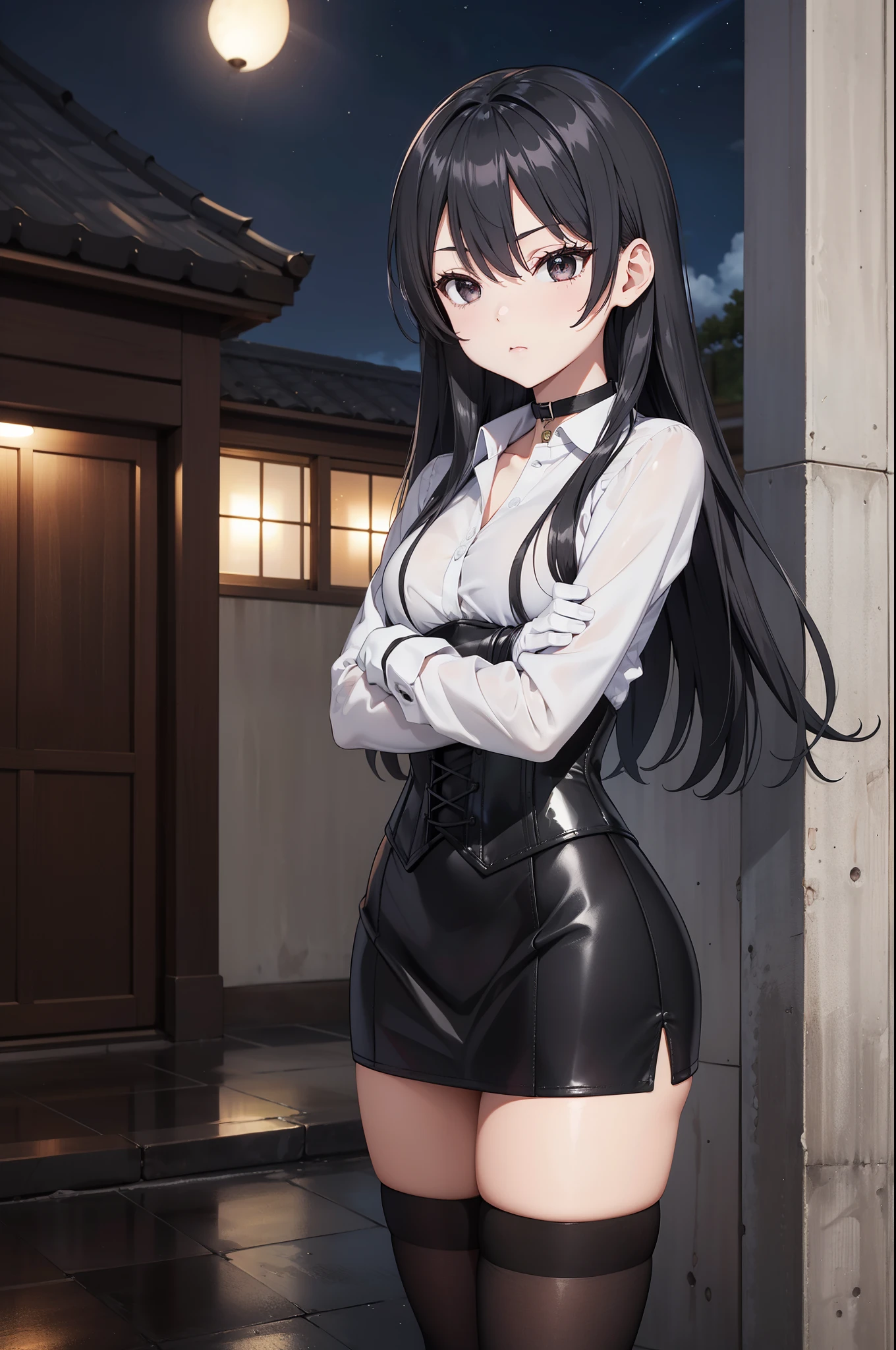Masterpiece, anime style, A young girl, of foot, ( seen from the front ), ((( arms crossed ))), pretty face, surprised look, ((redness on the cheeks)), long black hair, detailed eyes, black eyes, choker : 1.6, (( long sleeve white shirt )), ( black gloves ), (black leather corset), ((black miniskirt)), brown stockings, black leather boots ), self-critical , roof, (( at night))