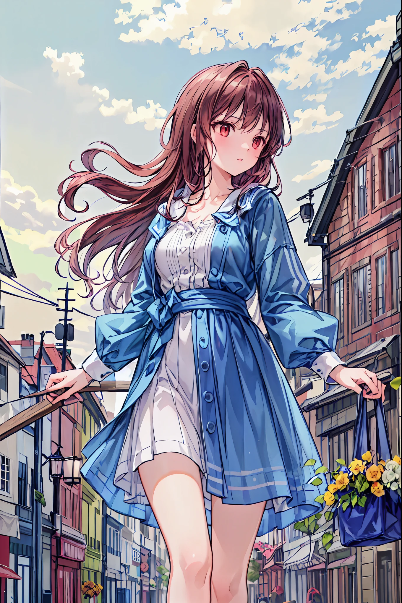 (( masterpiece)), ((Top Quality)), ((Top Quality)), (( very well detailed)), ((8k CG wallpaper)), ((Extremely Delicate and Beautiful)), ((shape)), (high resolution), A -yeld wo 、brown short bob hair、red eyes、beautiful eyes、Town Girl's Clothes、wooden practice sword、 waist belt 、medieval European flower shop、high resolution、high quality、Cinematic Lighting、4K quality、 photorealism