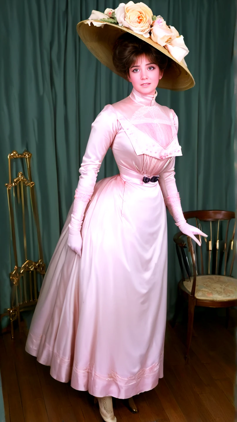 NSFW. RHRH as a sexy 12yo Gibson Girl (((fellating a dirty 69yo gentleman))). Year 1902. 1900_dr3ss. Pink sleeveless dress, ornate picture hat, (((knee-length high-waisted skirt, petticoats, silk stockings, boots))). Thotty demeanor. Hourglass figure. Large chest, 9in wasp waist, bubble butt. Gibson Girl updo, gorgeous face, red lips. Edwardian setting.
