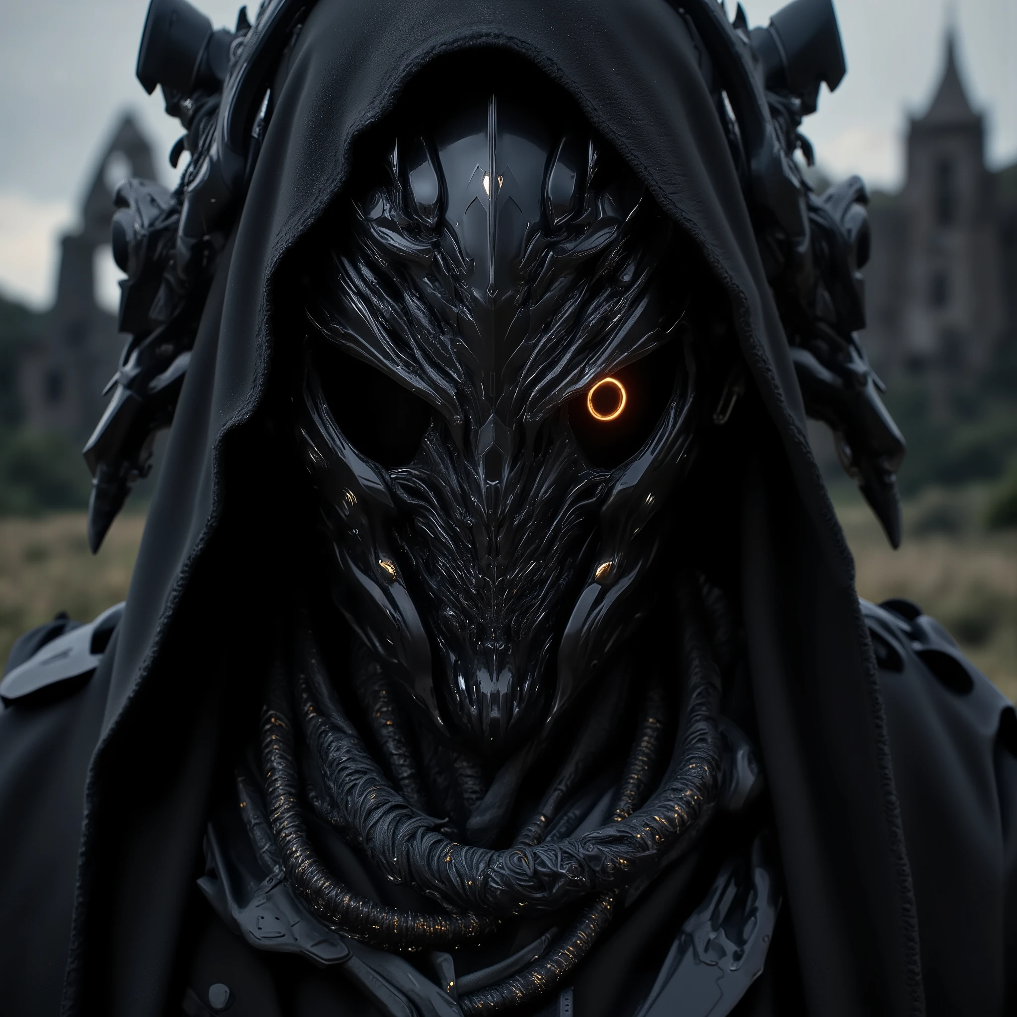 ((realistic)), cinematic shot, movie theatre, See photo , 最high quality, high quality, ( detailed face and eyes :1.1), A giant knight in black armor, ((complicated helmet)), Face Mask Armor, ((big eyes)), Black sclera, In the countryside, dark eyes, subsurface scattering, complicated (high detail), ((cute)), ( detailed skin:1.1), shiny skin that is creating, photorealism, volumetric lighting, Magic Rim, Castle in the background ,