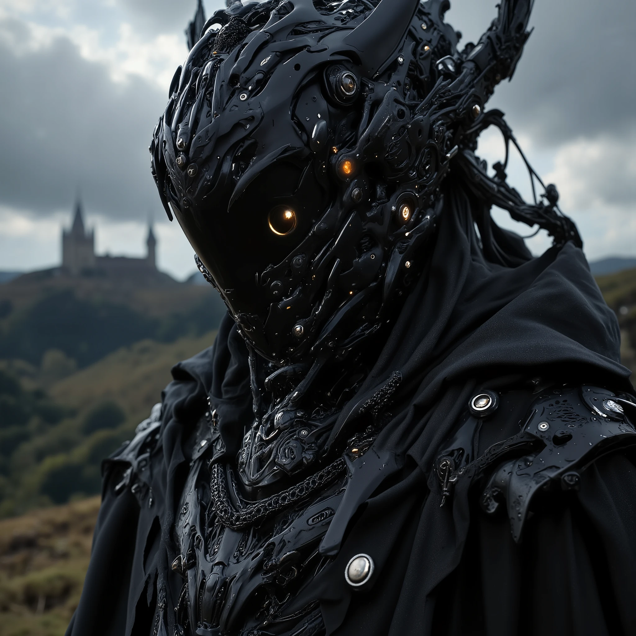 ((realistic)), cinematic shot, movie theatre, See photo , 最high quality, high quality, ( detailed face and eyes :1.1), A giant knight in black armor, ((complicated helmet)), Face Mask Armor, ((big eyes)), Black sclera, In the countryside, dark eyes, subsurface scattering, complicated (high detail), ((cute)), ( detailed skin:1.1), shiny skin that is creating, photorealism, volumetric lighting, Magic Rim, Castle in the background ,