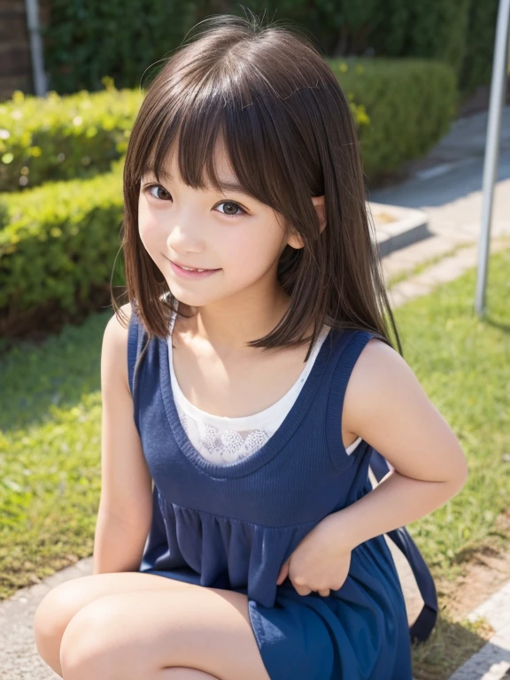 (8k),(masterpiece),(Japanese),(8--old l),((Innocent look)),((Childish)),From the front and above,smile,cute,Innocent,Kind eyes,Plain T-shirt,Short sleeve,Blue checked short skirt,semi-long,Hair blowing in the wind,Black Hair,Somewhat strong wind,noon,bright　Spread your legs　White Lingerie　White Lingerie　White Lingerie side-string panties side-string panties