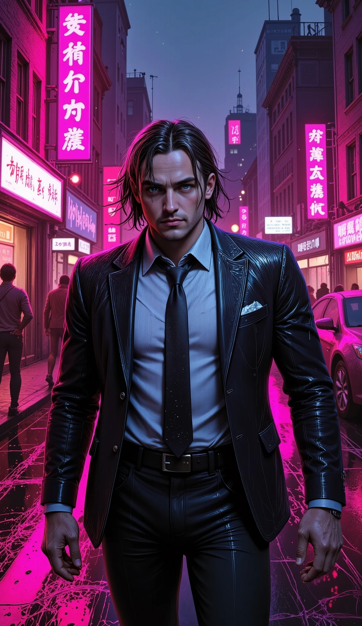 ( masterpiece, best quality, High resolution, 32 mil , extremely detailed CG :1), ( unit wallpaper faint illustration on stage :1.0), ((a handsome 40-year-old man:1.85 by Cyberpunk :1. 5 dancing in the rain :1.54 )),(( cyberpunk night city:1.4)), neon plates futuristic cars ,Dark place rain , (( wet clothes magenta neon lights that illuminate the young man perfectly:1.45) . 32 mil