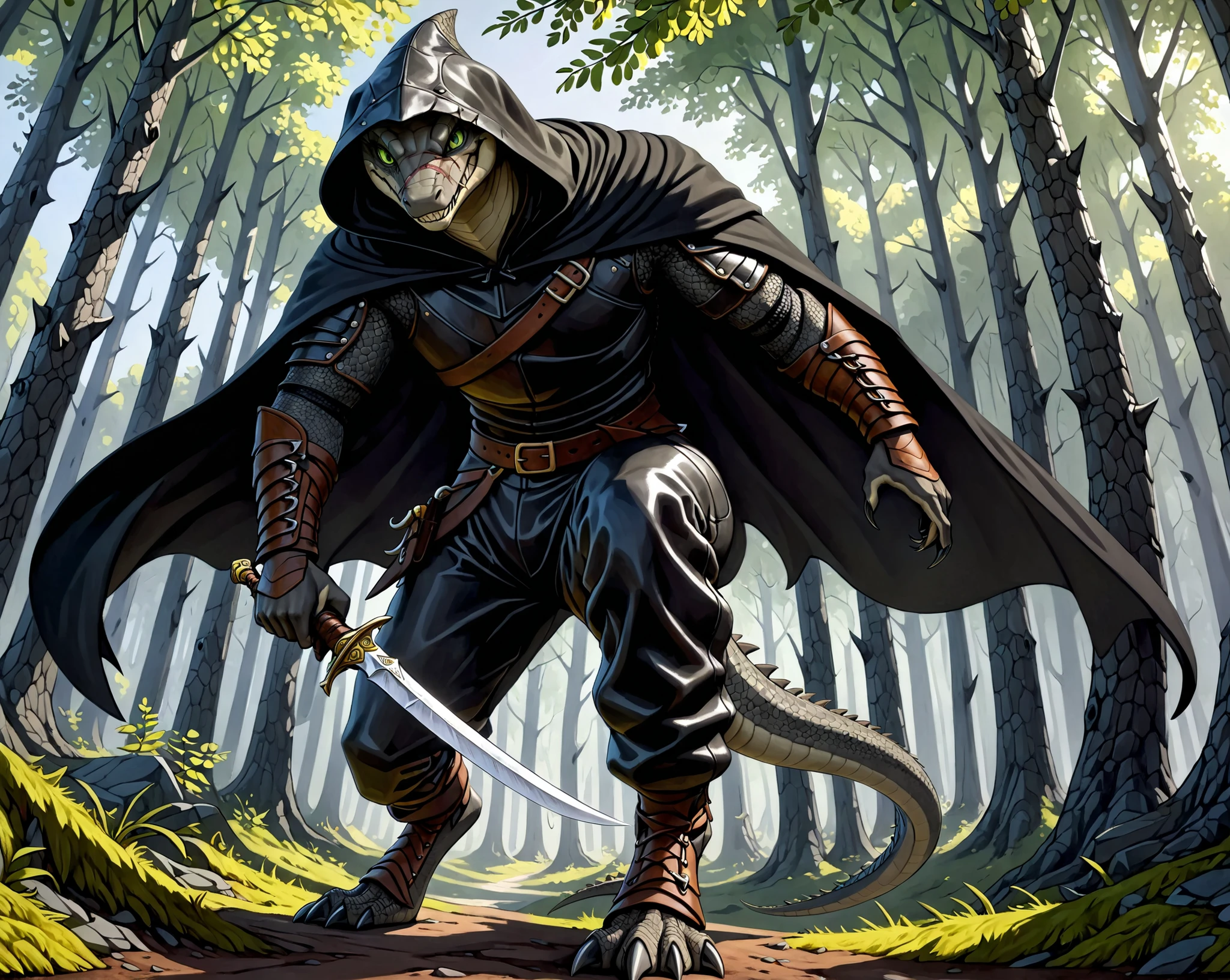 (Masterpiece, Absurdres, Hyper detailed, 4k, UHD) (((Solo))) 1Adult male, Dark_Gray lizard, Green eyes, (An old scar on the face:0.95) Evil-grin, Bandit, Leather armor, Pants, (Black-Cloak) Hood, Anatomically correct, Holding a wepon, Dagger \(Wepon\), wield a dagger, Dynamic pose, Dynamic angle, In the forest,