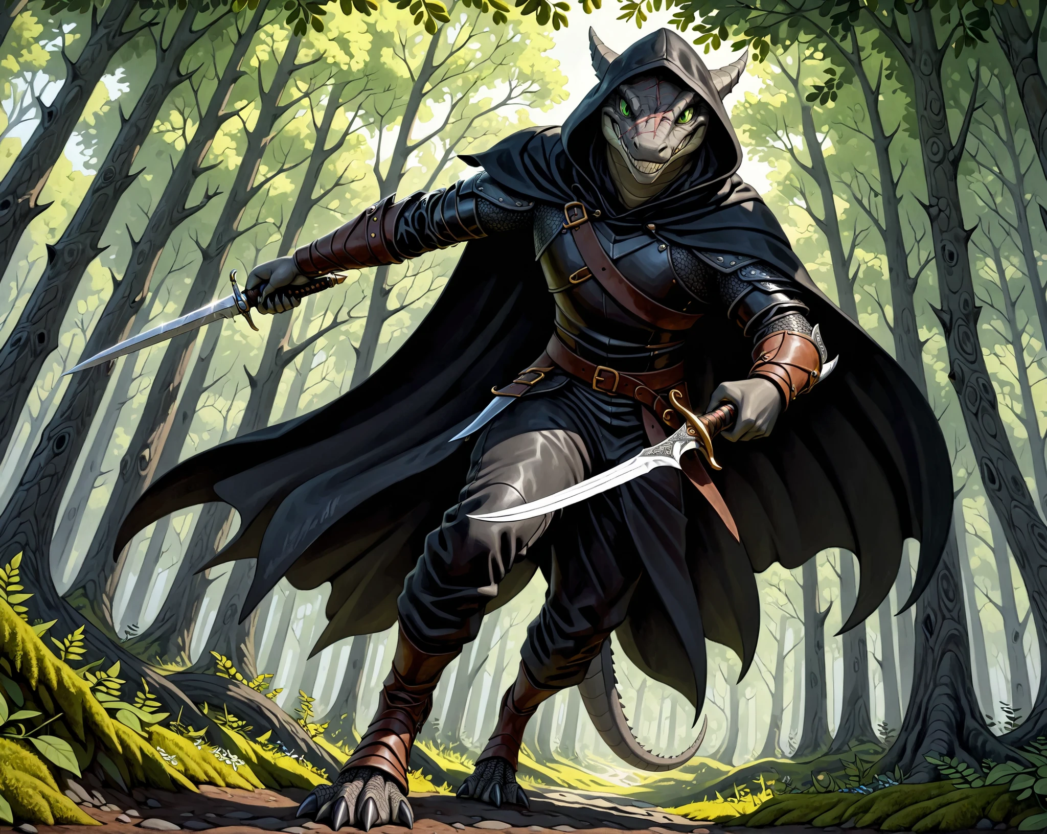 (Masterpiece, Absurdres, Hyper detailed, 4k, UHD) (((Solo))) 1Adult male, Dark_Gray lizard, Green eyes, (An old scar on the face:0.95) Evil grin, Bandit, Leather armor, Pants, (Black-Cloak) Hood, Anatomically correct, Holding a wepon, Dagger \(Wepon\), wield a dagger, Dynamic pose, Dynamic angle, In the forest, 