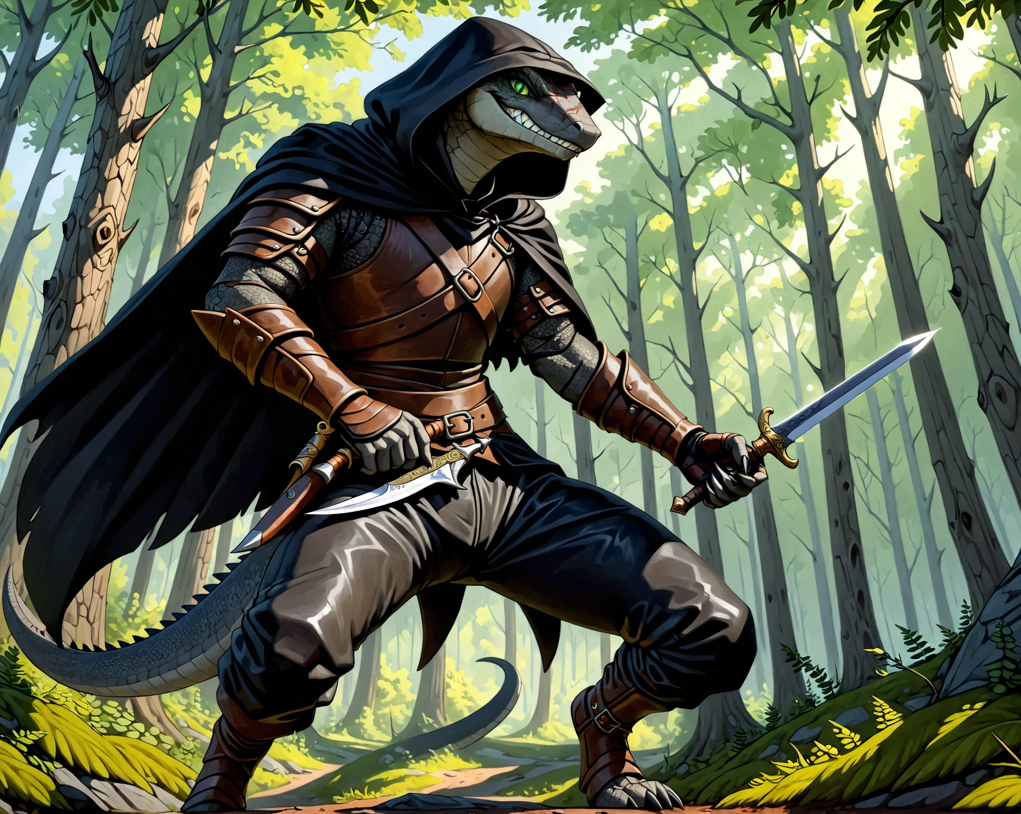 (Masterpiece, Absurdres, Hyper detailed, 4k, UHD) (((Solo))) 1Adult male, Dark_Gray lizard, Green eyes, (An old scar on the face:0.95) Evil grin, Bandit, Leather armor, Pants, (Black-Cloak) Hood, Anatomically correct, Holding a wepon, Dagger \(Wepon\), wield a dagger, Dynamic angle, Dynamic pose, In the forest, 