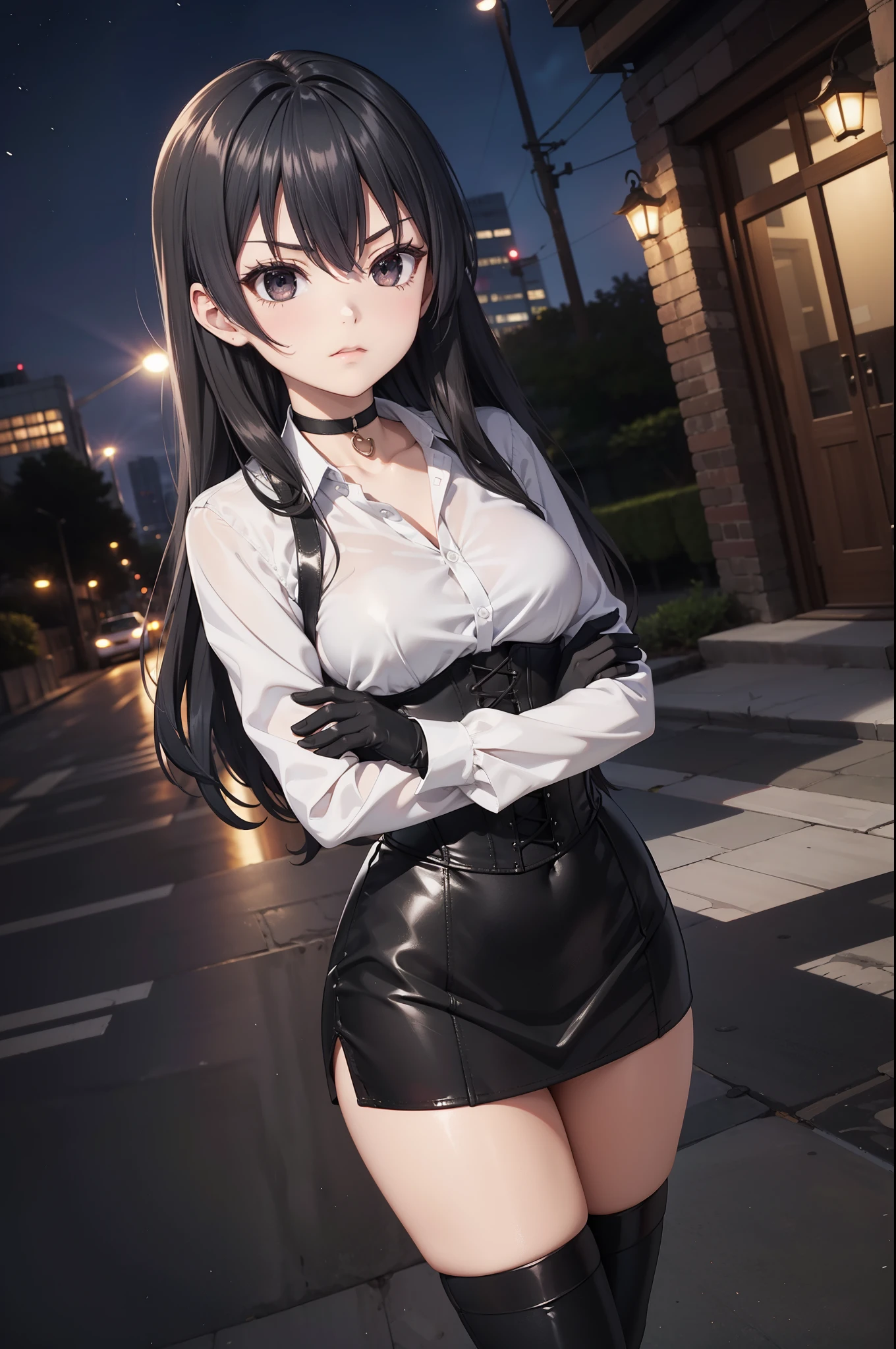 Masterpiece, anime style, A young girl, of foot, ( seen from the front ), ((( arms crossed ))), pretty face, angry look, ((redness on the cheeks)), long black hair, detailed eyes, black eyes, choker : 1.6, (( long sleeve white shirt )), ( black gloves ), (black leather corset), ((black miniskirt)), brown stockings, black leather boots ), self-critical , roof, (( at night))
