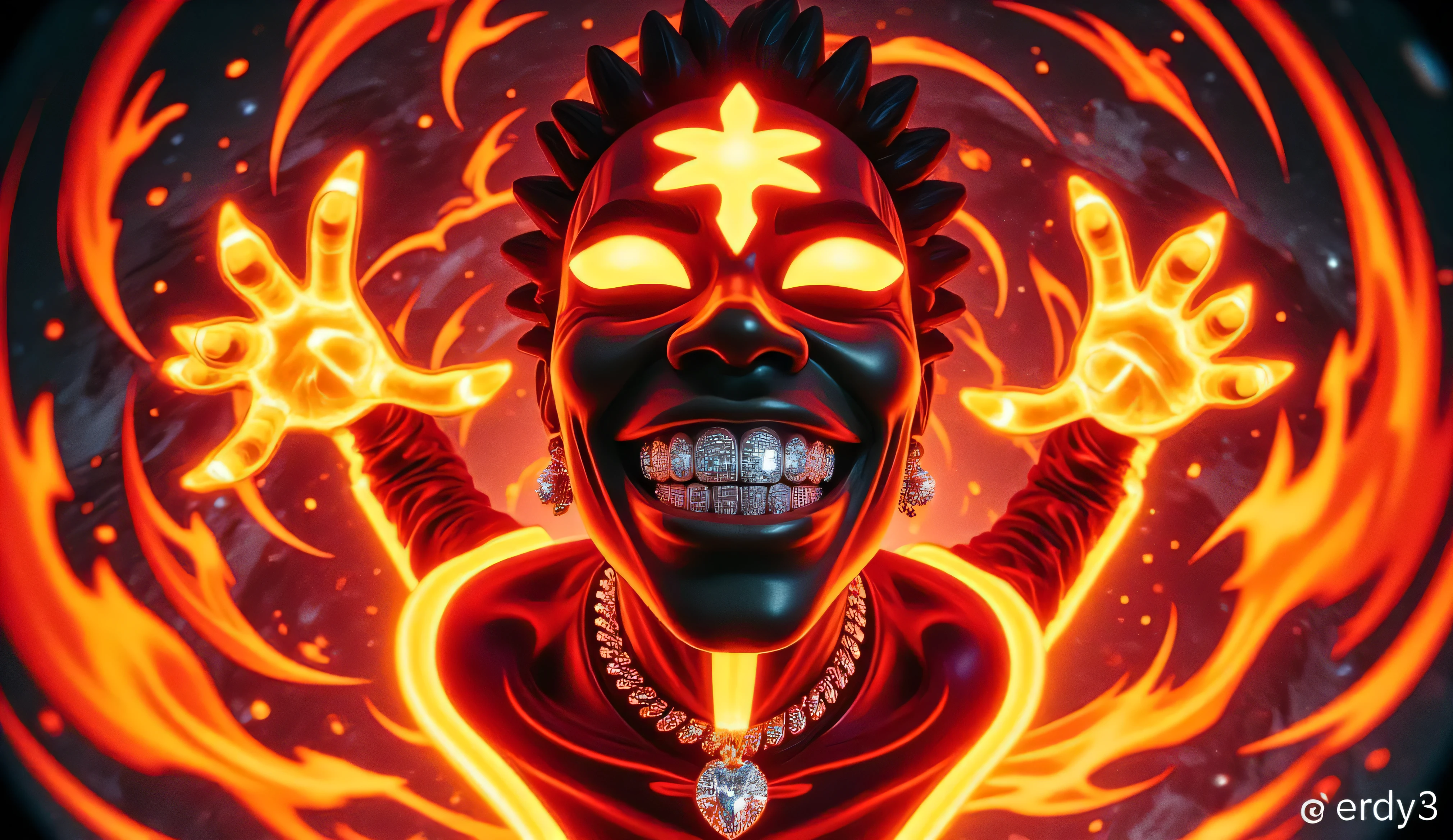 gr!llz, in the style of Jed-clrfl , 3DMM, Ebony character enveloped as Ong from The Last of the Airbender in intense thick colored energy. Their face is obscured by the overwhelming thick glow::7.2 , large anime energy aura size 6 inches from body emphasizing the sheer power they are unleashing::6.4 .smiling into the camera, fish eye lens realistic photograph with a wide smile, its teeth are encrusted with shiny platinum diamonds.